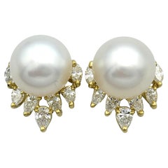 Freshwater Pearl Stud Earrings with Marquise & Pear Diamond 18 Karat Yellow Gold