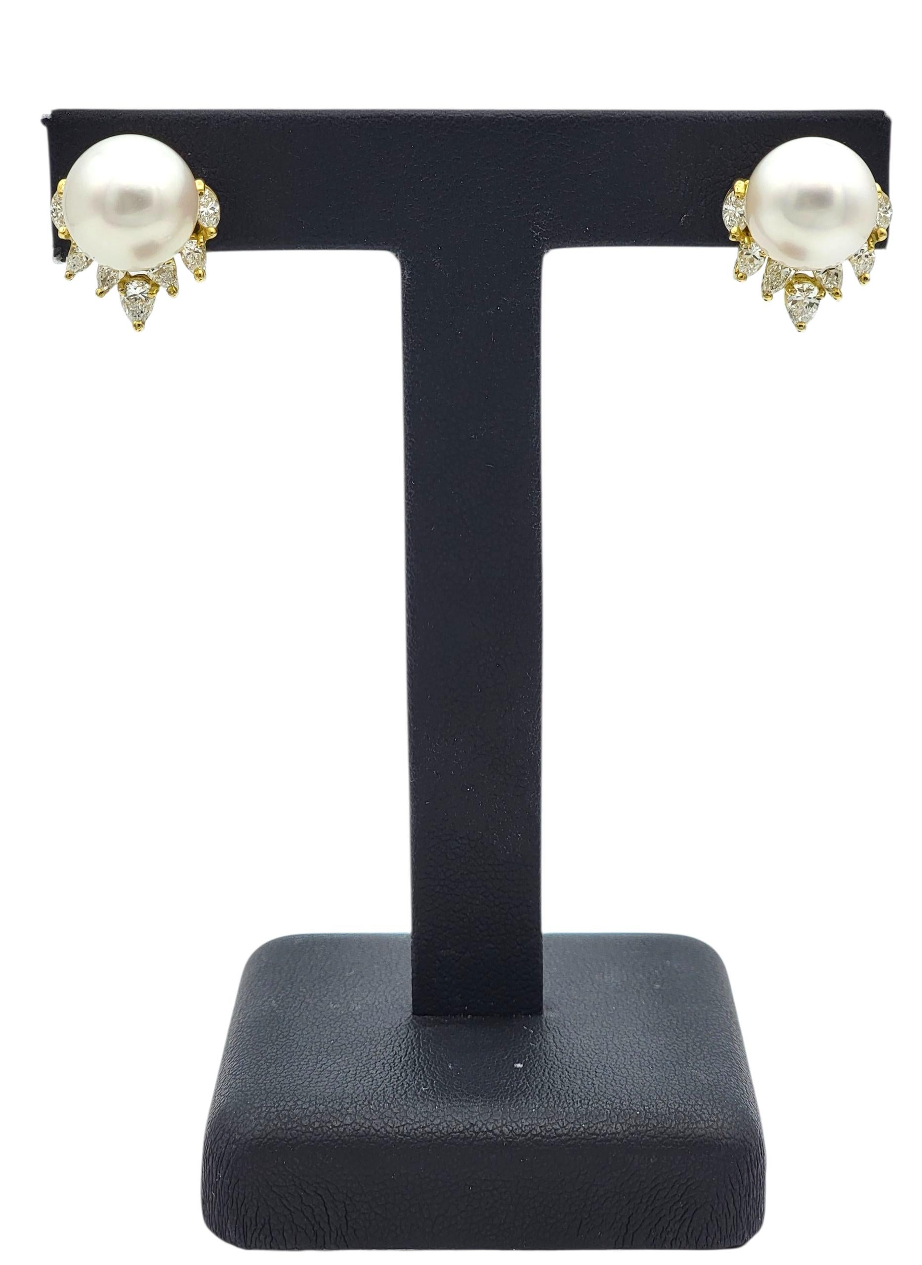 Süßwasserperlen Ohrstecker mit Marquise & Birne Diamant 18 Karat Gelbgold im Angebot 1