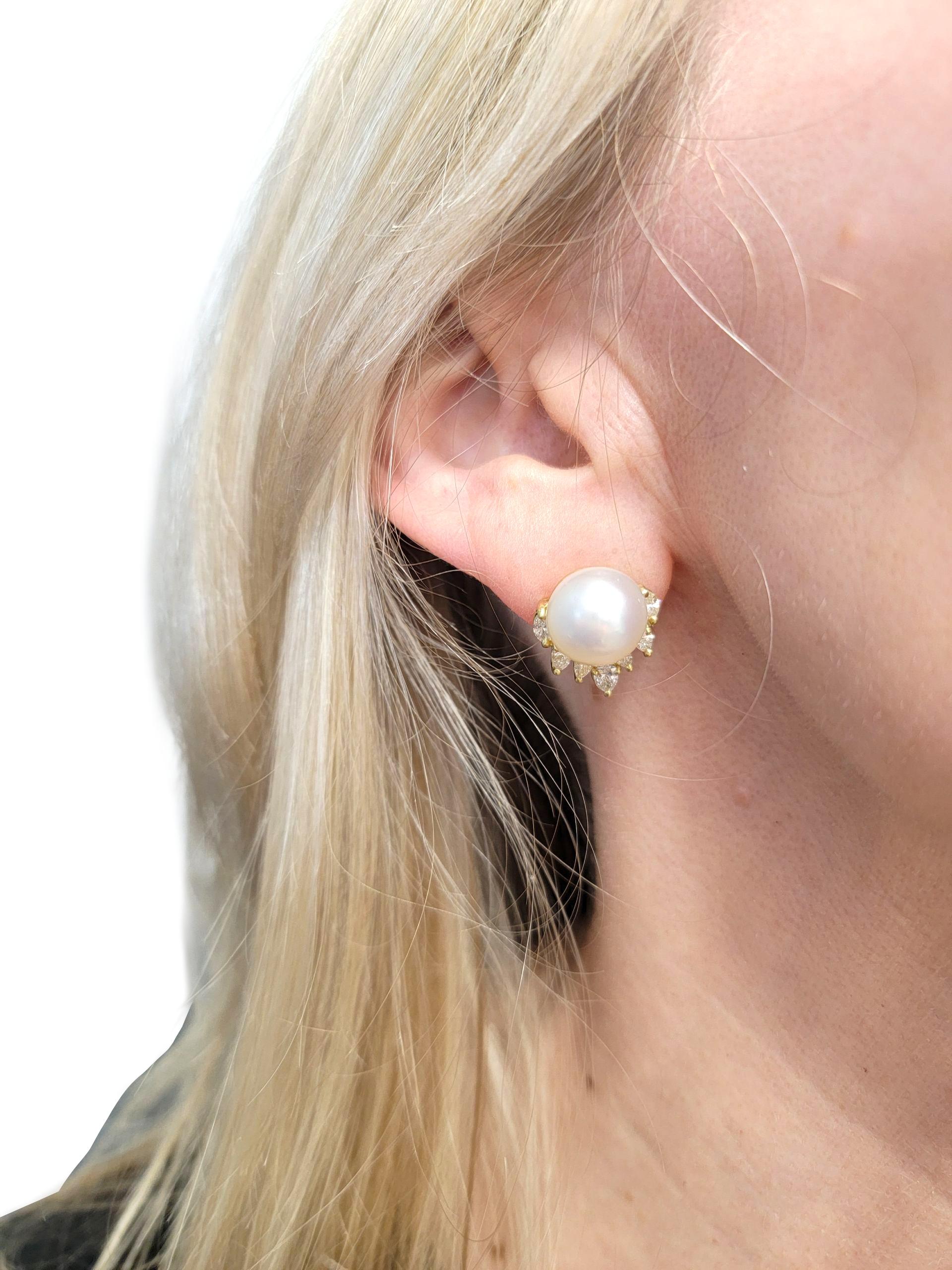 Süßwasserperlen Ohrstecker mit Marquise & Birne Diamant 18 Karat Gelbgold im Angebot 3
