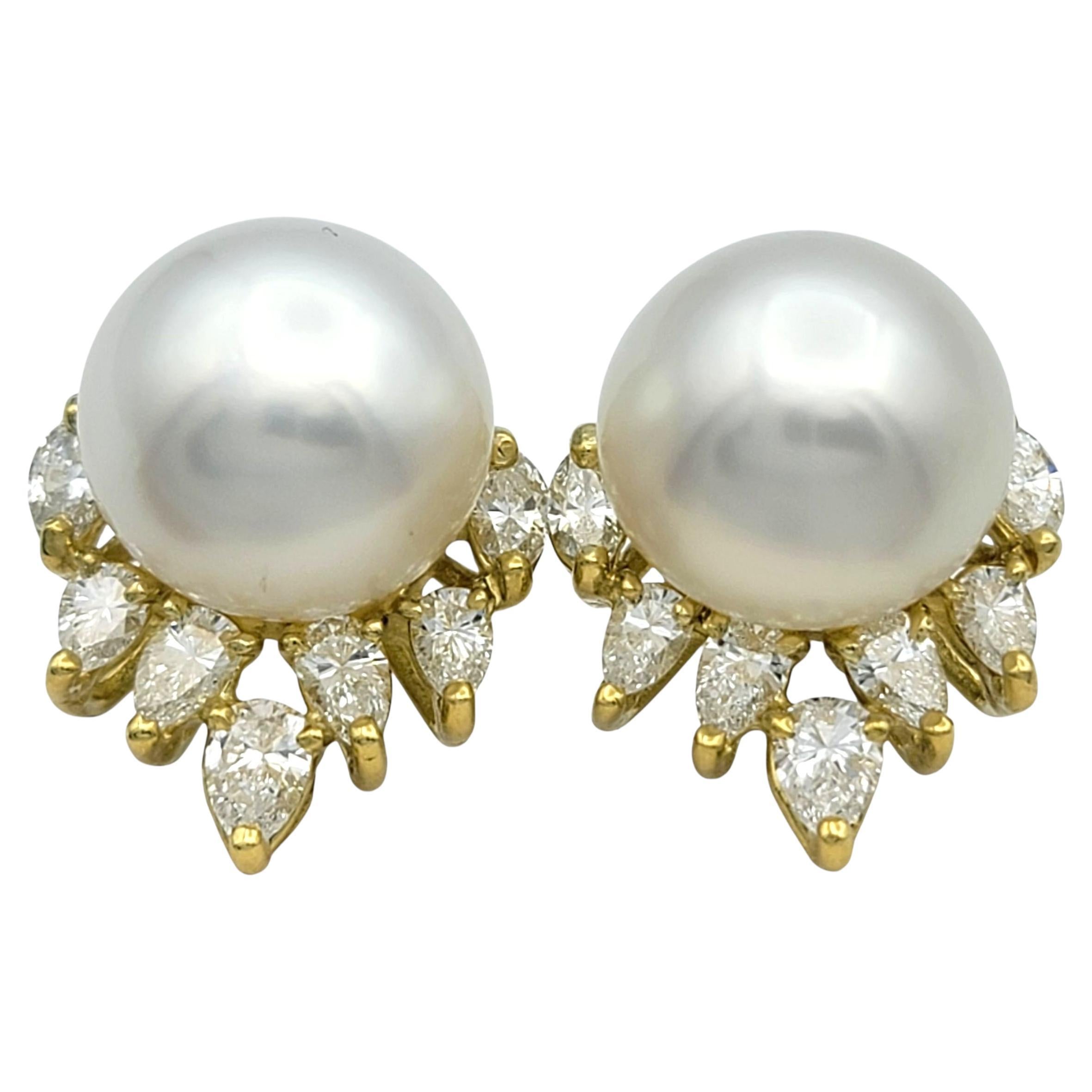 Süßwasserperlen Ohrstecker mit Marquise & Birne Diamant 18 Karat Gelbgold im Angebot
