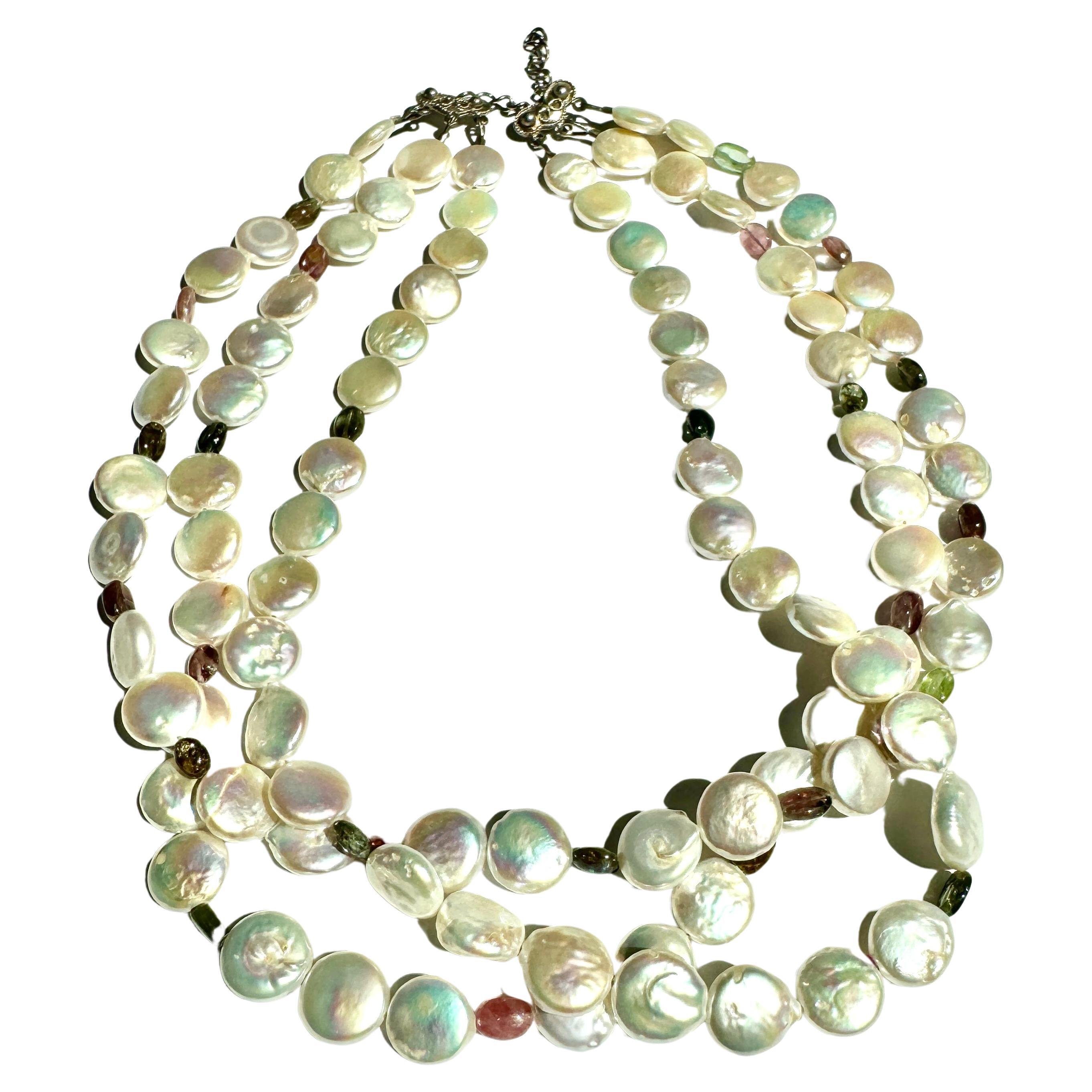 Freshwater Pearl & Tourmaline Three Strand Necklace