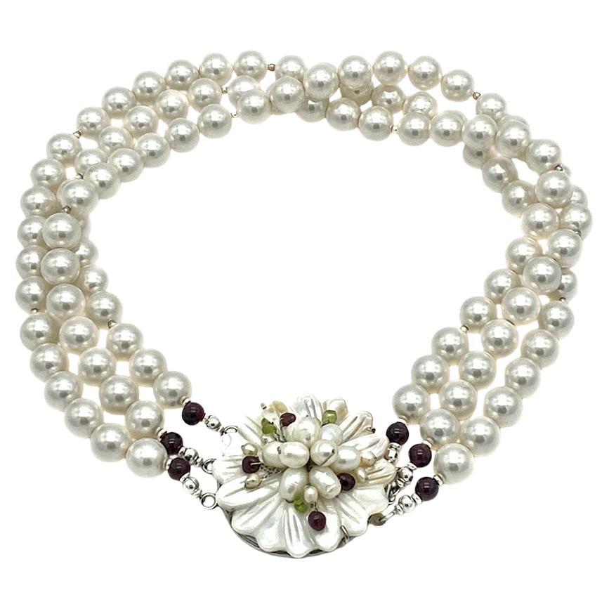 Mikimoto Triple Strand Pearl Necklace with Diamond Flower at 1stDibs