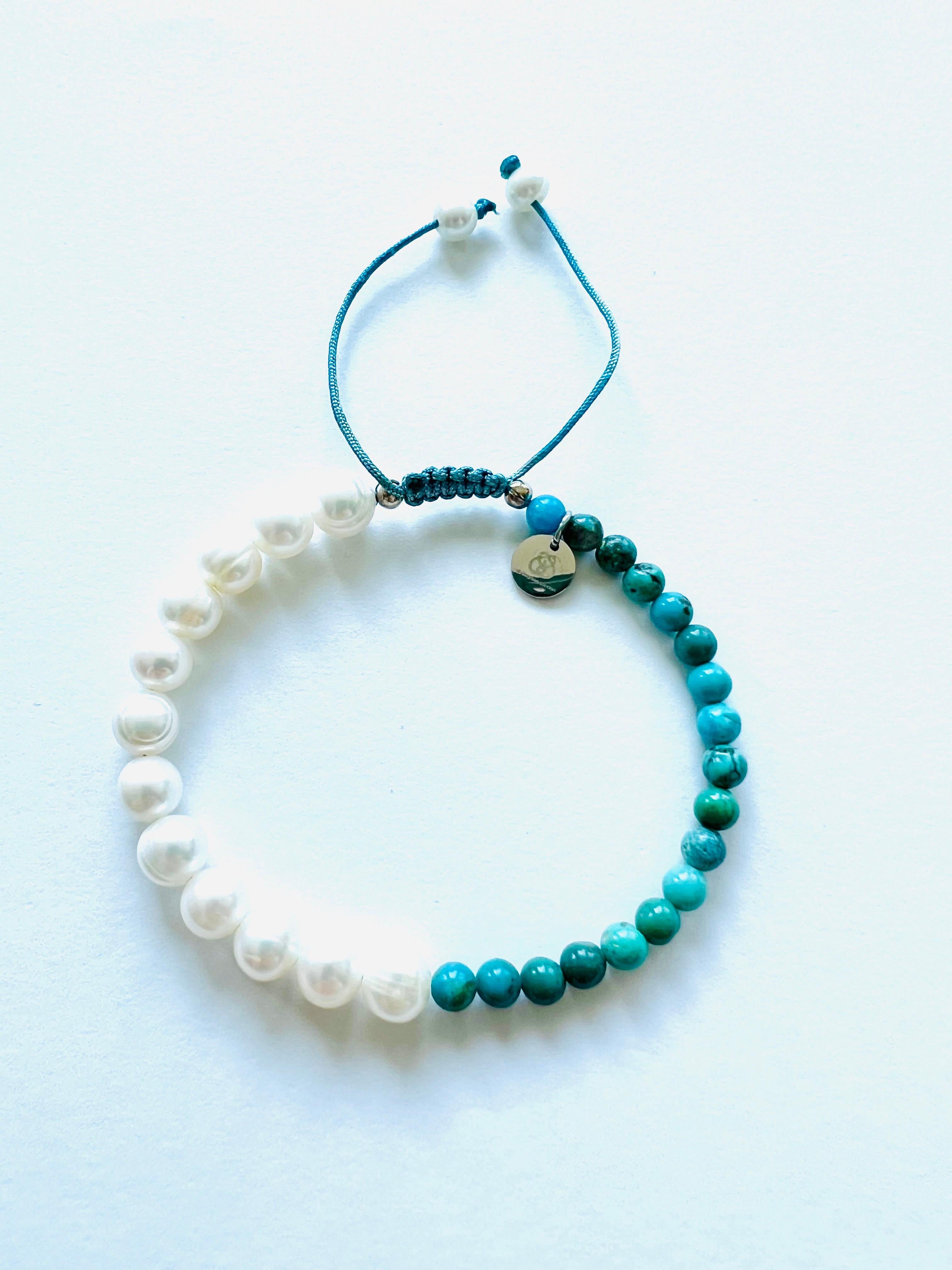 Perle Bracelet à cordon coulissant turquoise et perles d'eau douce en vente