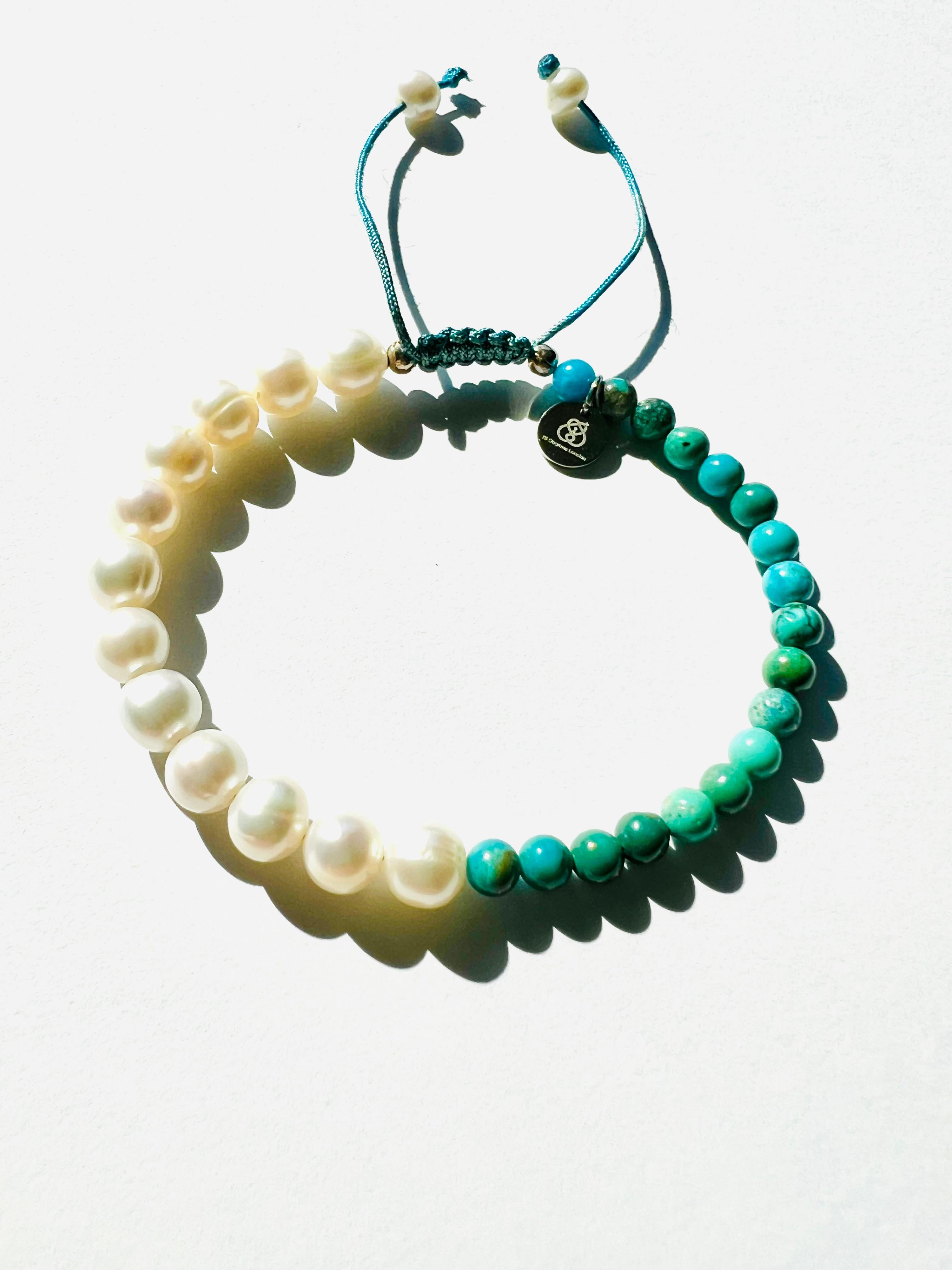 Bracelet à cordon coulissant turquoise et perles d'eau douce en vente 1