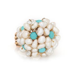 Freshwater Pearl Turquoise Ring Vintage 14k Yellow Gold Dome Cocktail Jewelry