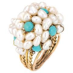 Freshwater Pearl Turquoise Ring Vintage 14k Yellow Gold Dome Cocktail Jewelry