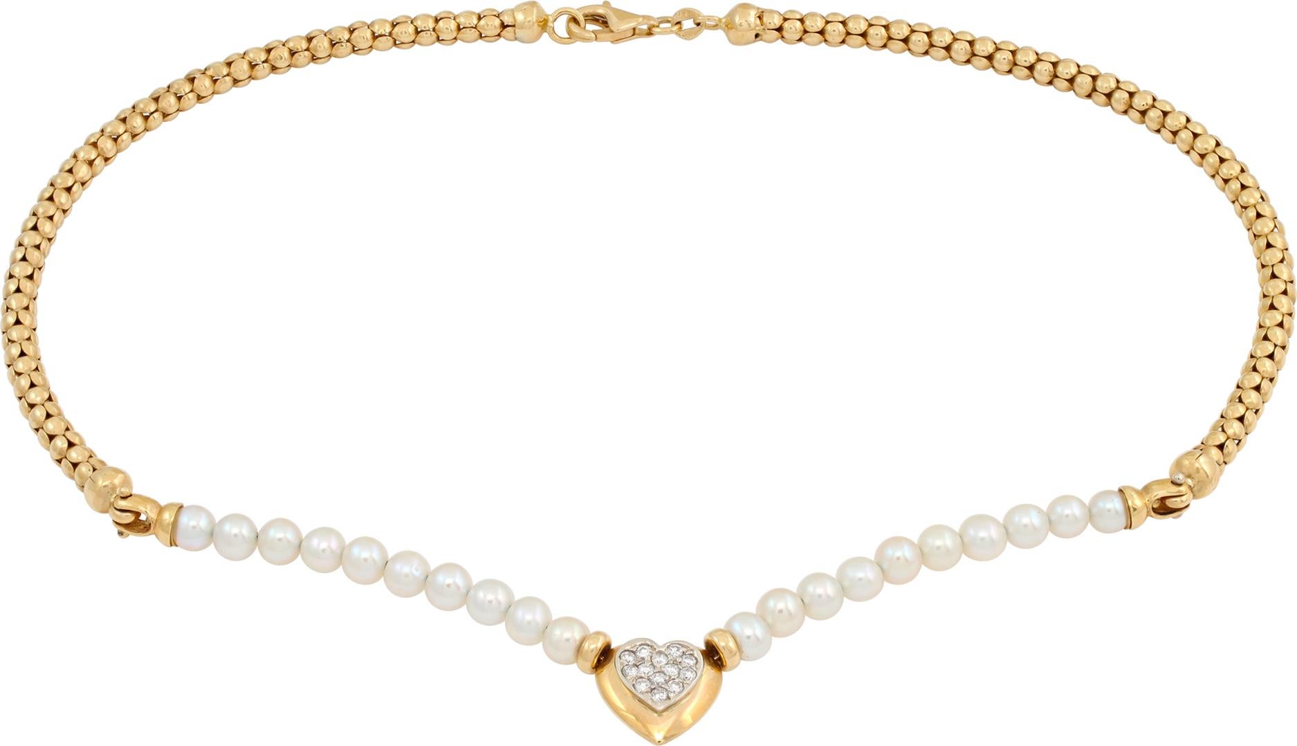 Collier de perles d'eau douce avec pavé de diamants et perles d'or jaune Excellent état - En vente à Surfside, FL