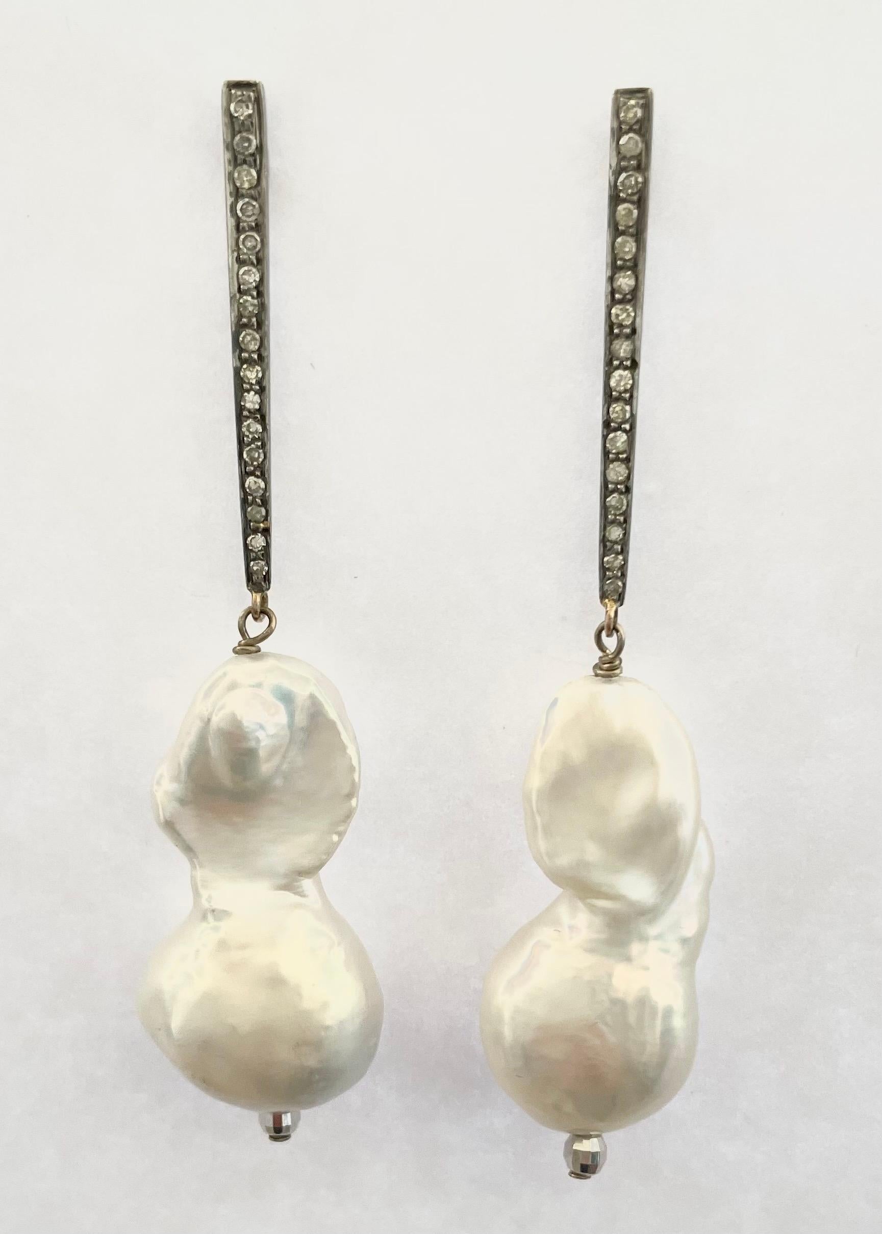 Artisan Freshwater Pearl with Diamonds Earrings For Sale
