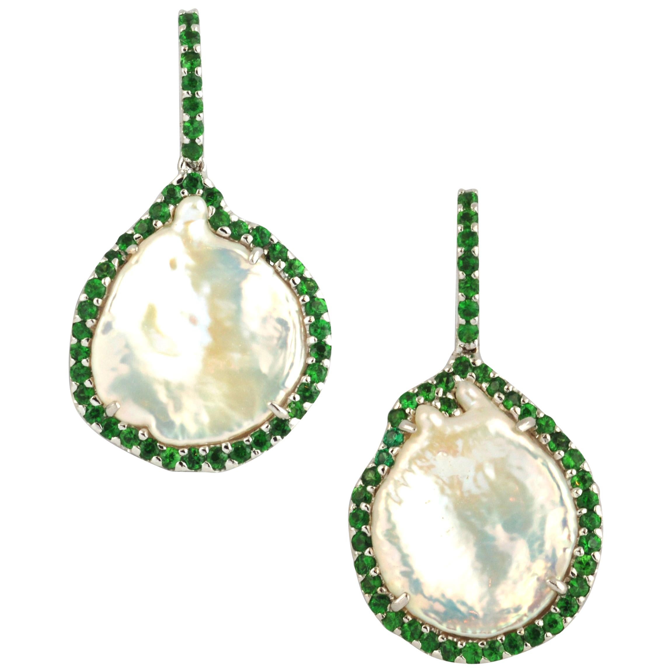 Freshwater Pearl with Tsavorite 1.69 Carat Earrings Set in 18 Karat White Gold For Sale