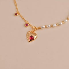Freshwater Pearl with Zircon Gold Heart Charm Necklace