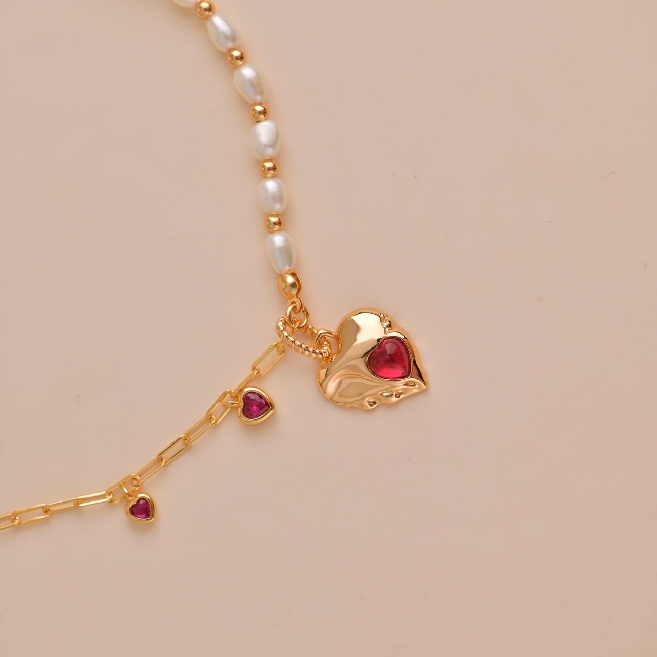 Bead Freshwater Pearl with Zircon Gold Heart Charm Necklace For Sale