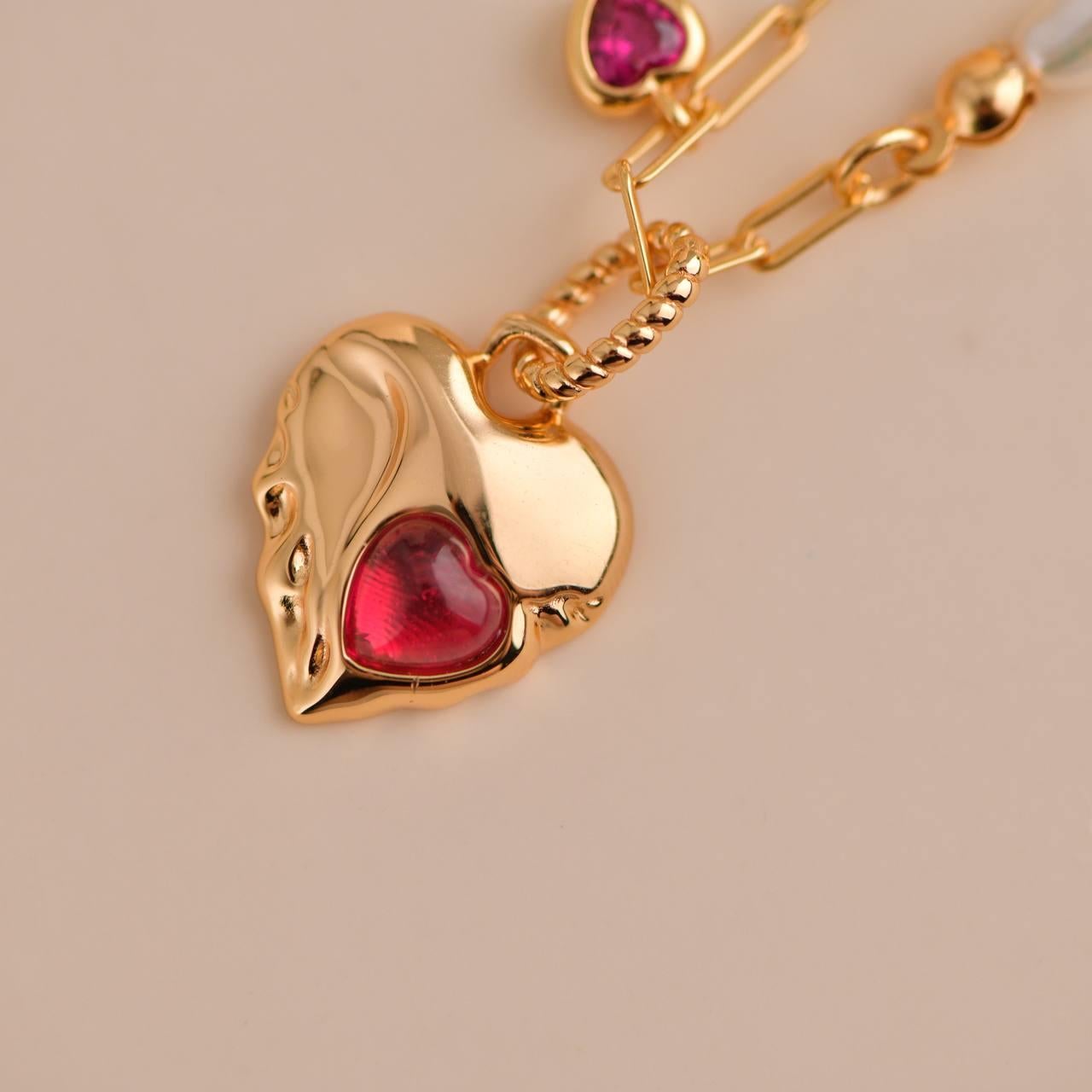 Women's or Men's Freshwater Pearl with Zircon Gold Heart Charm Necklace For Sale