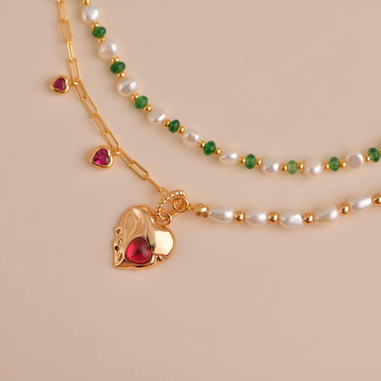 Freshwater Pearl with Zircon Gold Heart Charm Necklace For Sale 3