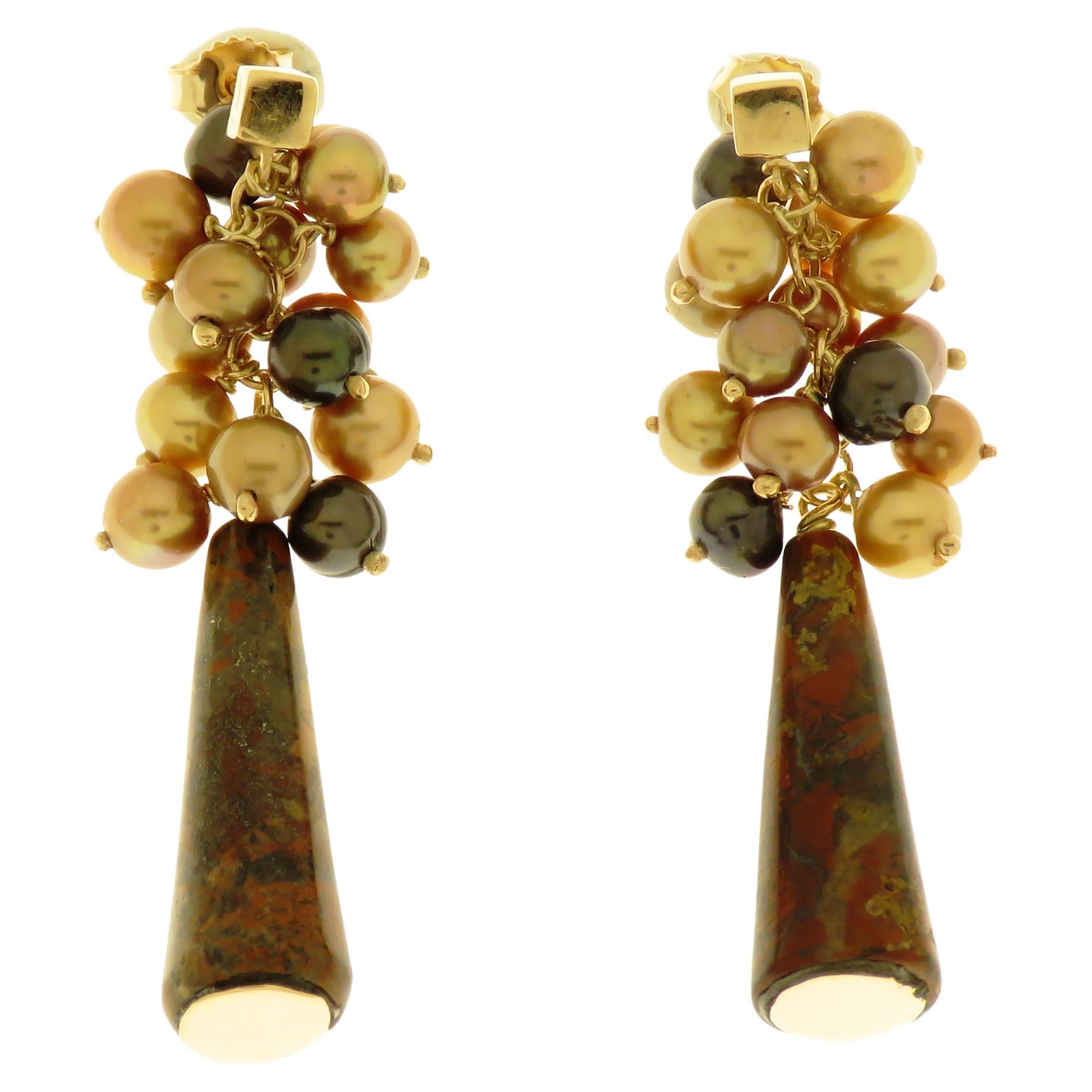 Freshwater Pearls Agate 9 Karat Rose Gold Dangle Drop Earrings For Sale