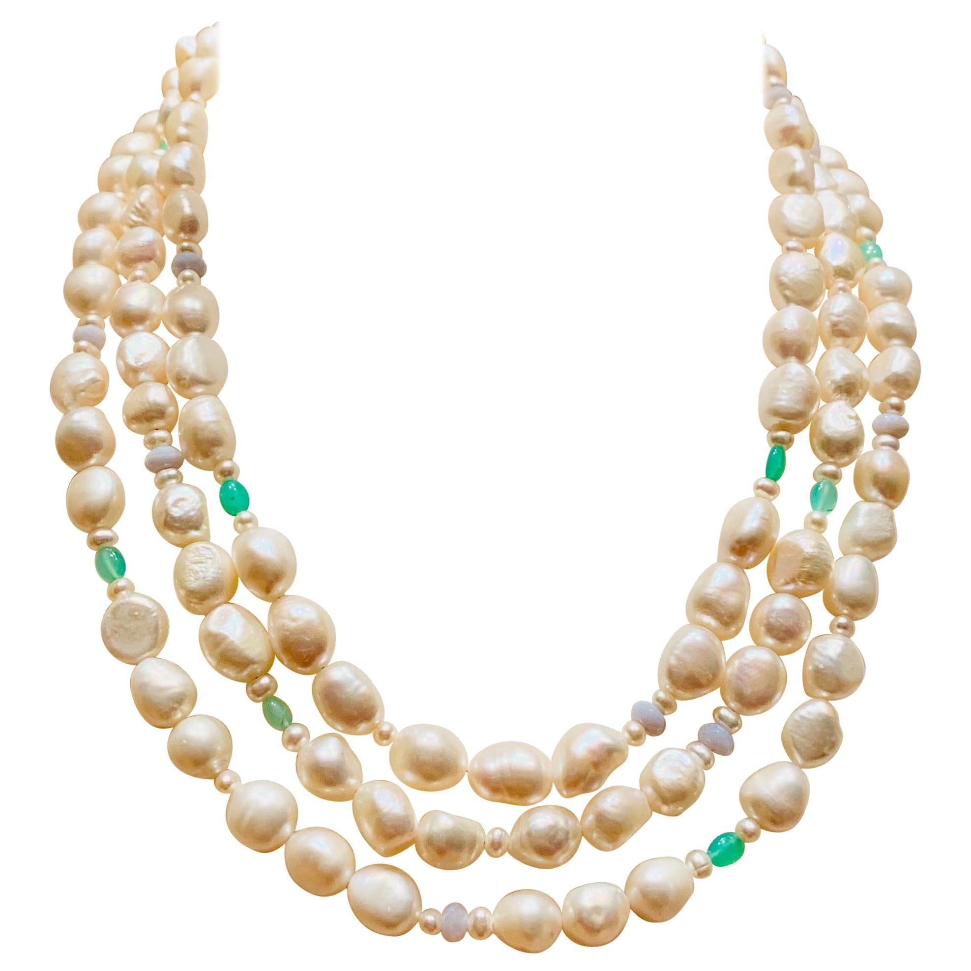 64" Long Freshwater Pearls Necklace Chrysoprase Blue Lace Agate