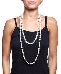 64" Long Freshwater Pearls Necklace Chrysoprase Blue Lace Agate