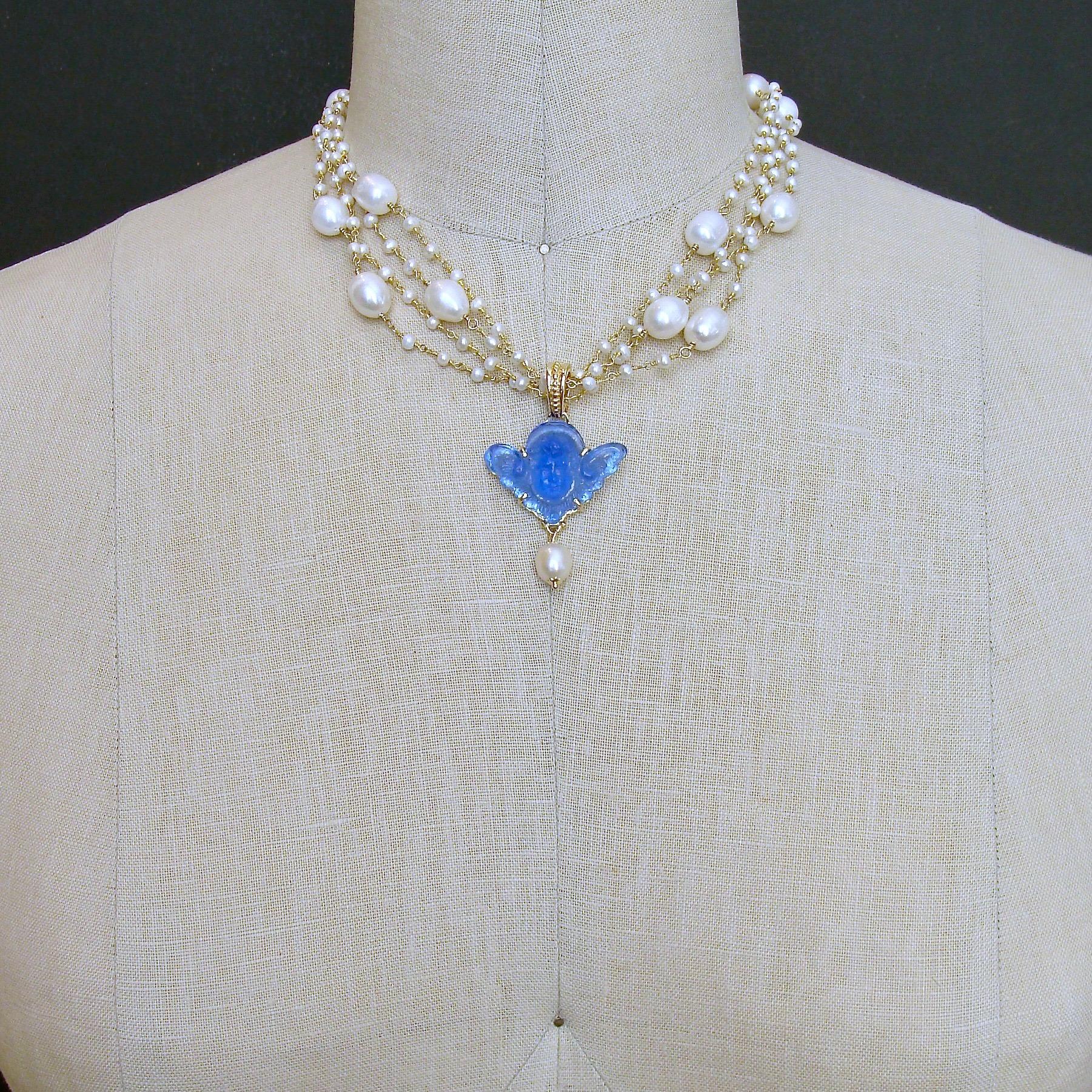 Neoclassical Freshwater Pearls Cornflower Blue Venetian Glass Intaglio Cameo Cherub Necklace