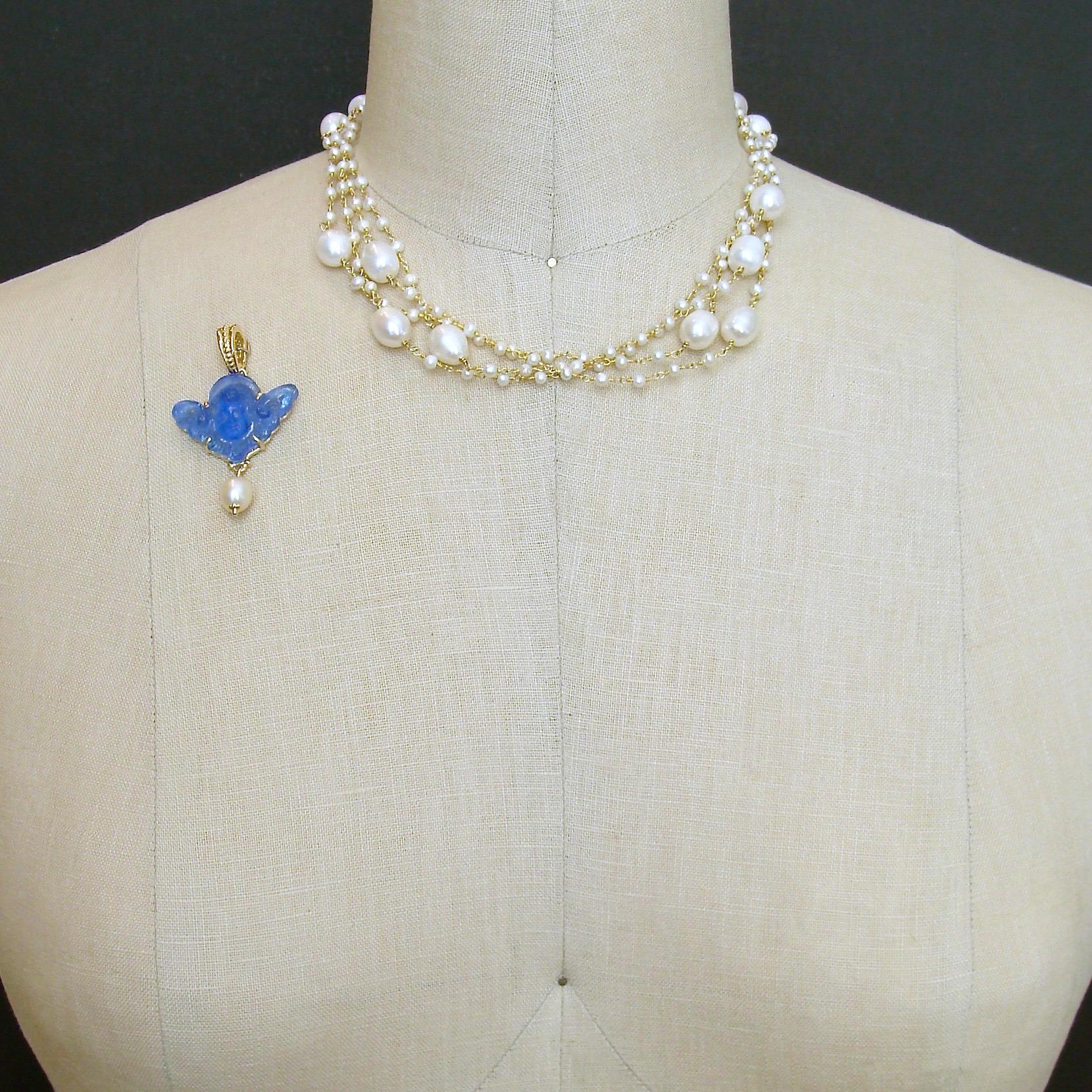 Freshwater Pearls Cornflower Blue Venetian Glass Intaglio Cameo Cherub Necklace In New Condition In Colleyville, TX