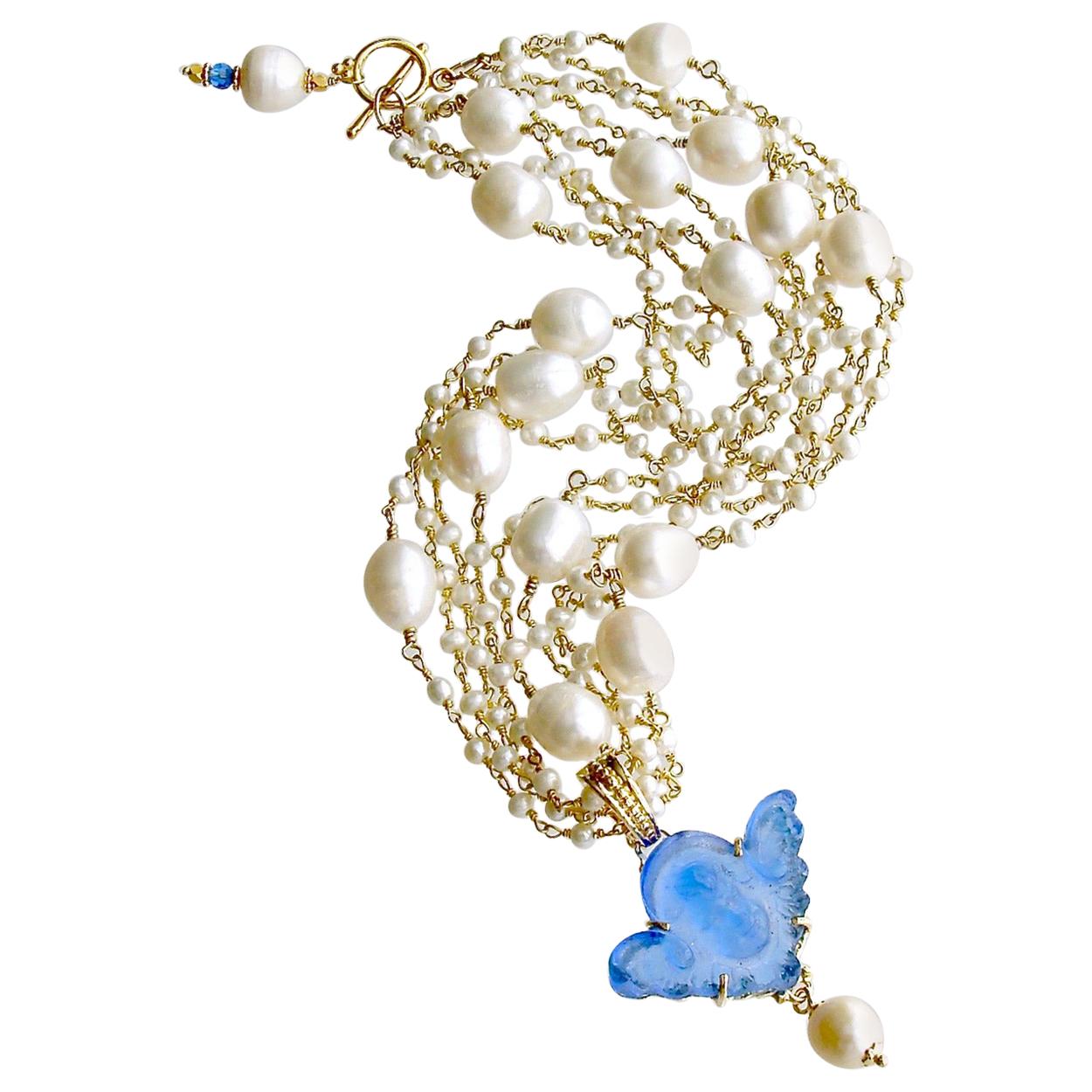 Freshwater Pearls Cornflower Blue Venetian Glass Intaglio Cameo Cherub Necklace