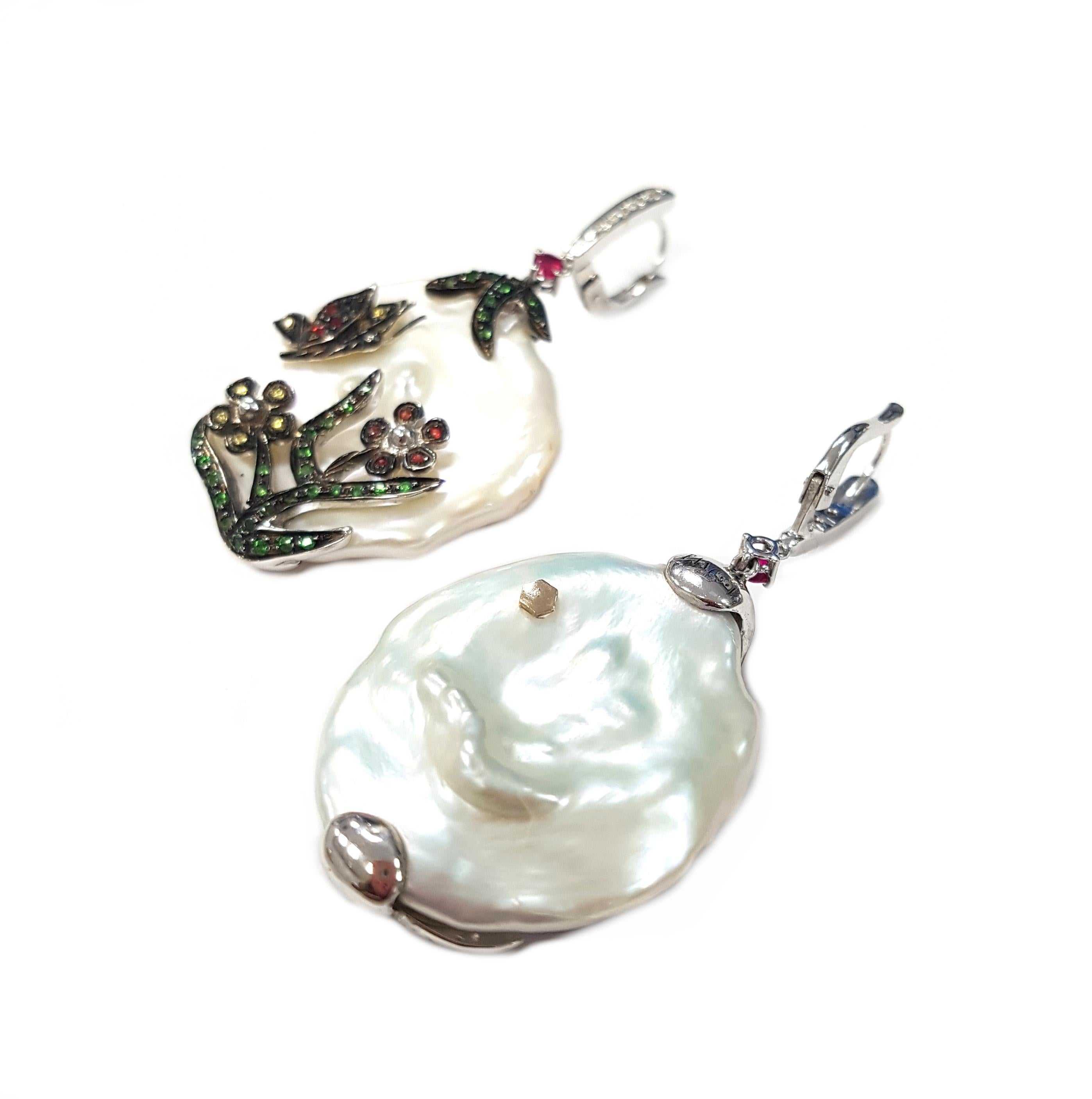 Contemporary 21st Century 18 Karat Gold Pearl Diamond Ruby Tsavorite Sapphire Drop Earrings For Sale
