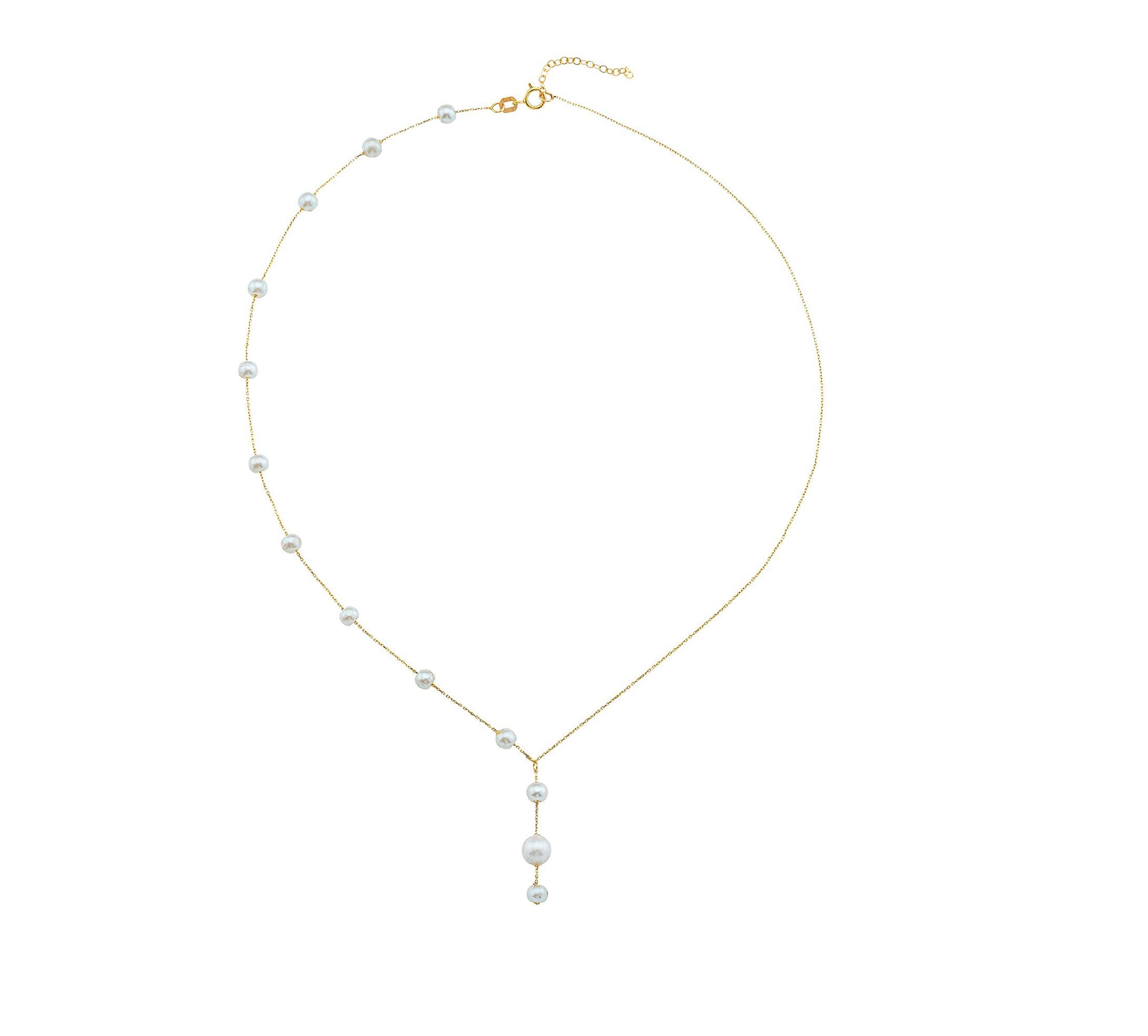  Freshwater pearls in 14 karat gold chain necklace. Pearl necklace. Pearl station floating necklace. Gold Pearl Necklace. 
Total weight: 2.3 g.
Length:  45 sm
Style: Minimalist
Gemstones:
 13 pieces - freshwater pearls, white color
This necklace-