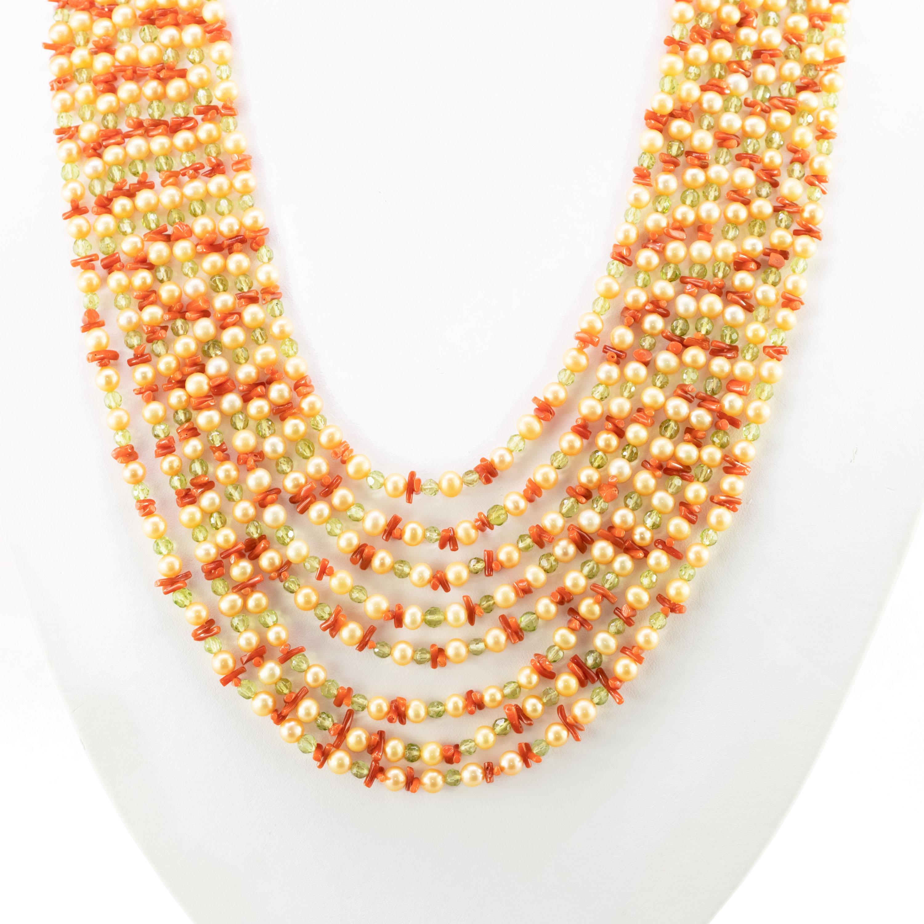 Round Cut Freshwater Pearl Peridot Red Coral Golden Silver Multi Strand Chanel Necklace
