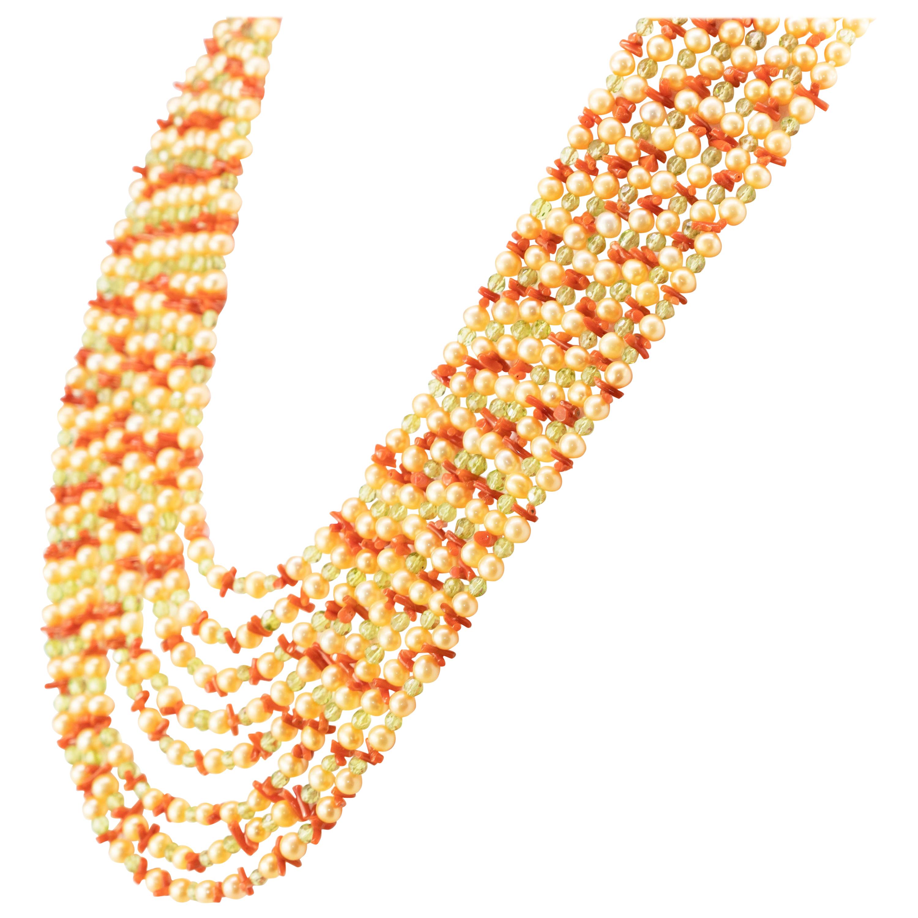 Freshwater Pearl Peridot Red Coral Golden Silver Multi Strand Chanel Necklace
