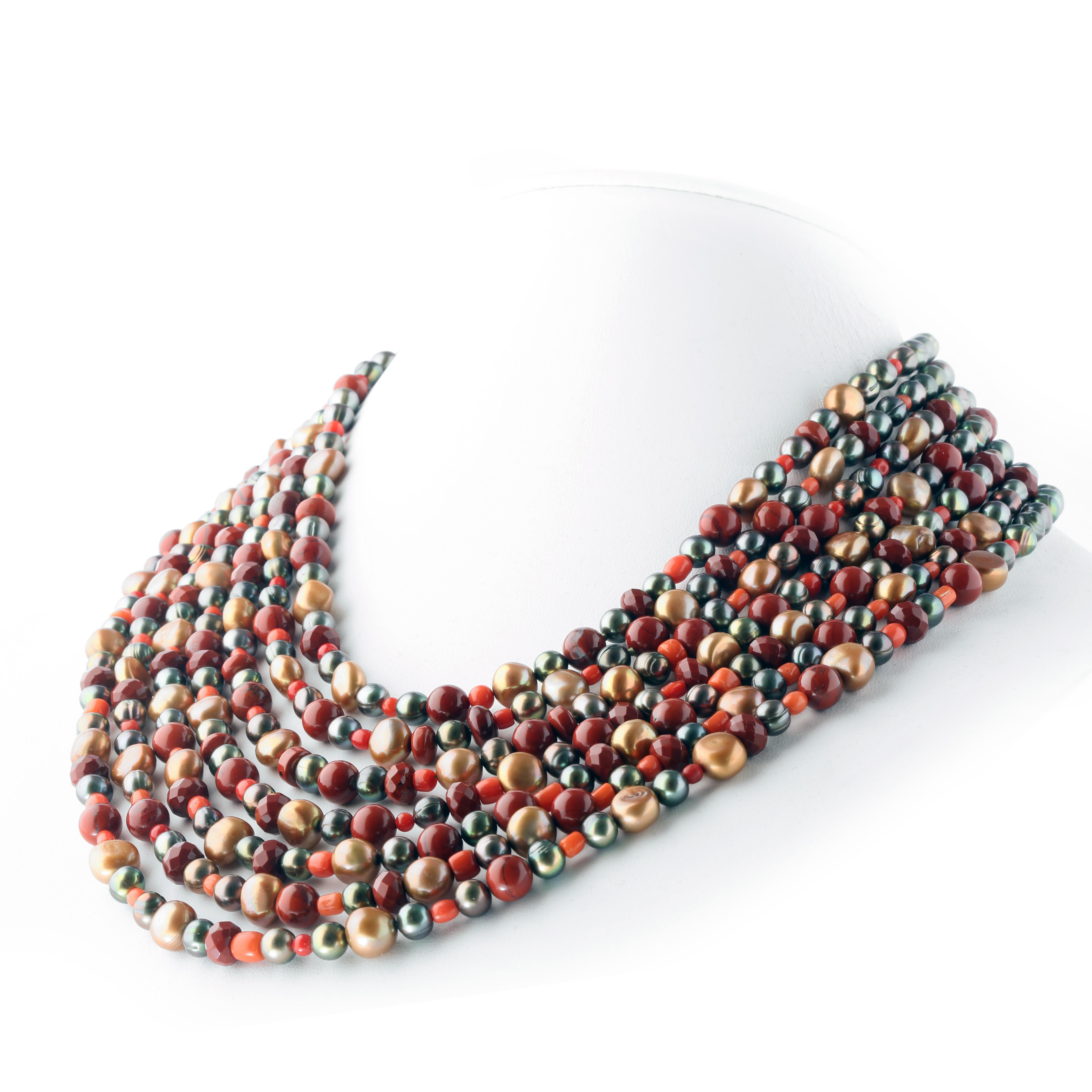 Perlina Perle d'acqua dolce, corallo rosa, diaspro rosso, argento 925, collana a più fili con perline in vendita