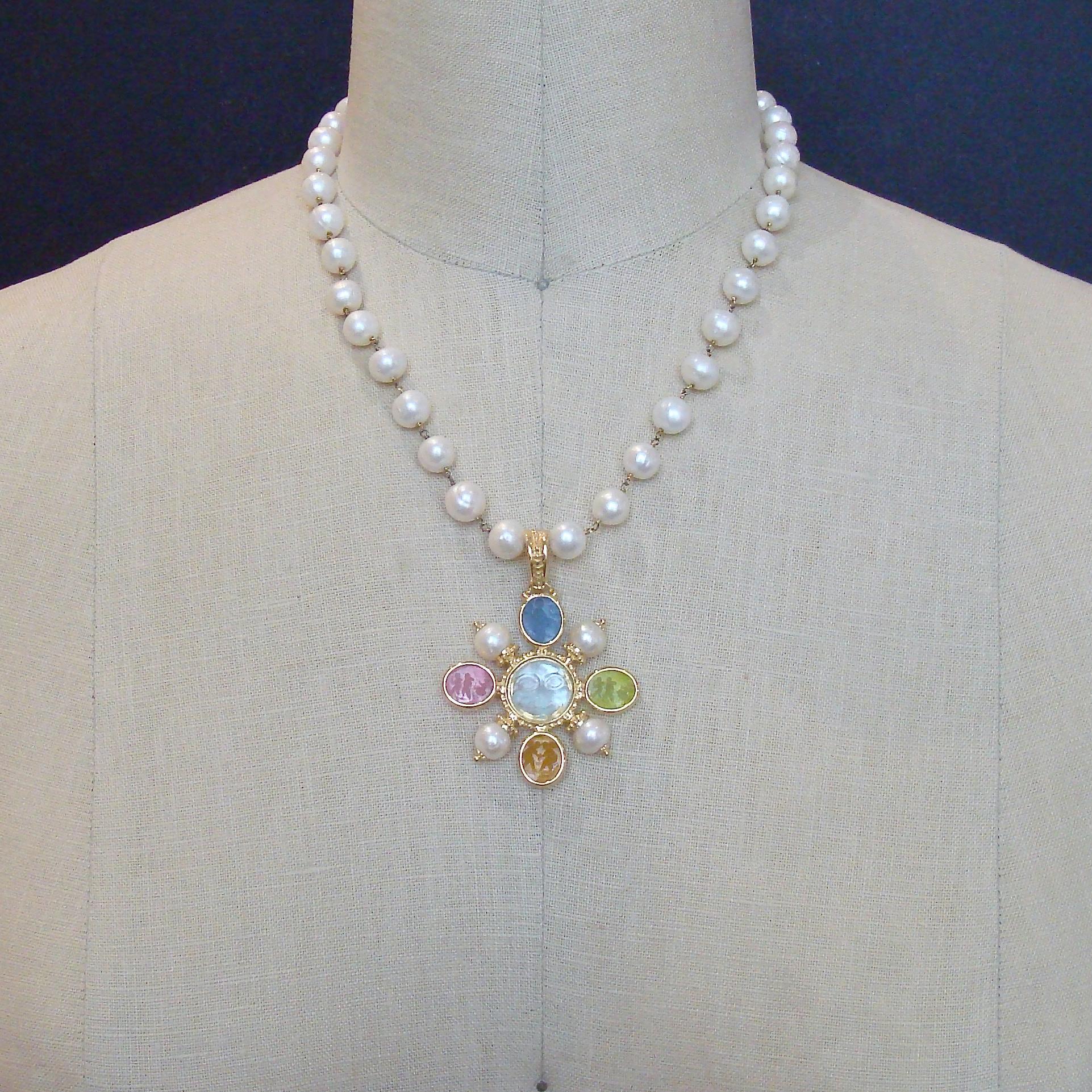 Freshwater Pearls Removable Venetian Pastel Intaglio Maltese Cross Pendant In New Condition In Colleyville, TX