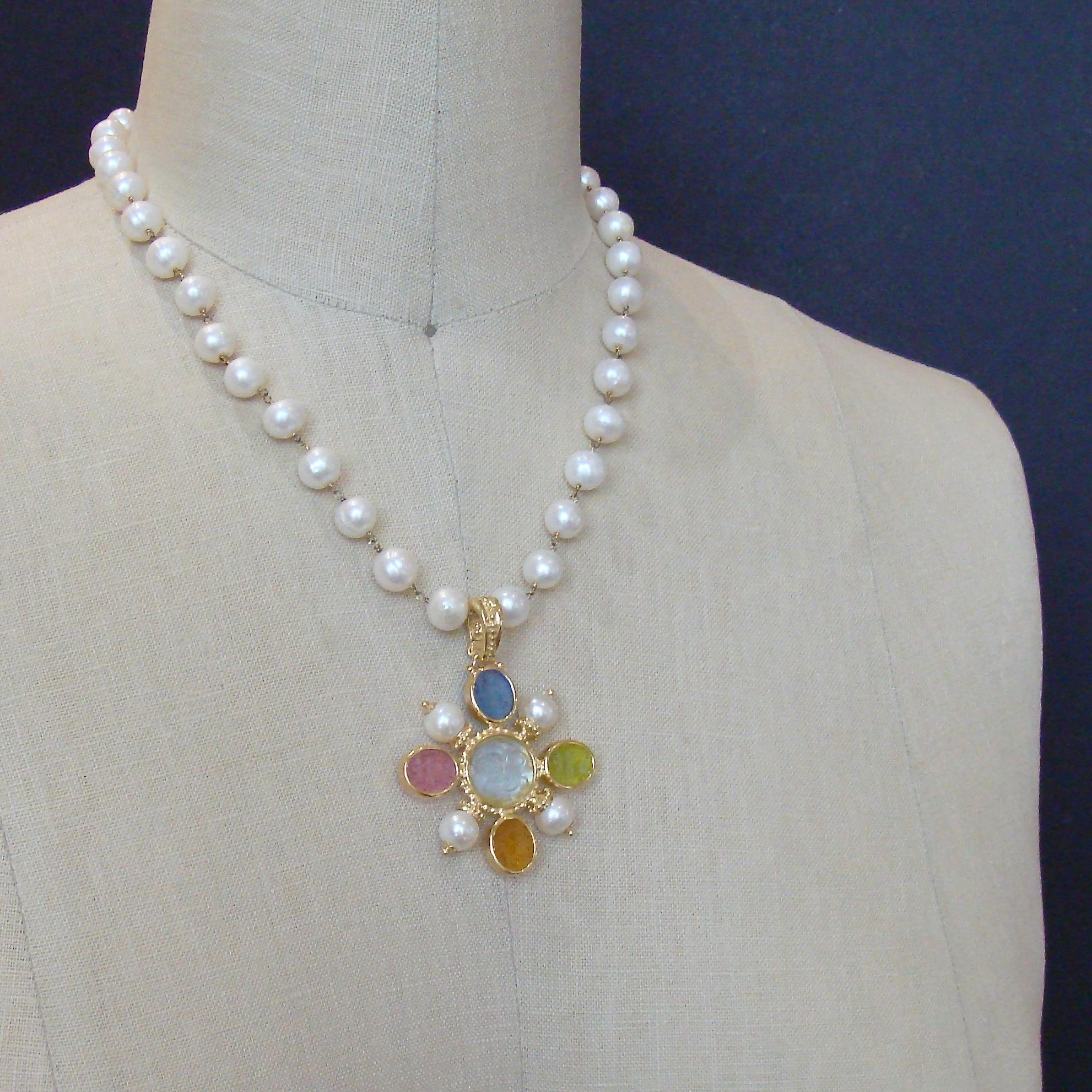Women's Freshwater Pearls Removable Venetian Pastel Intaglio Maltese Cross Pendant