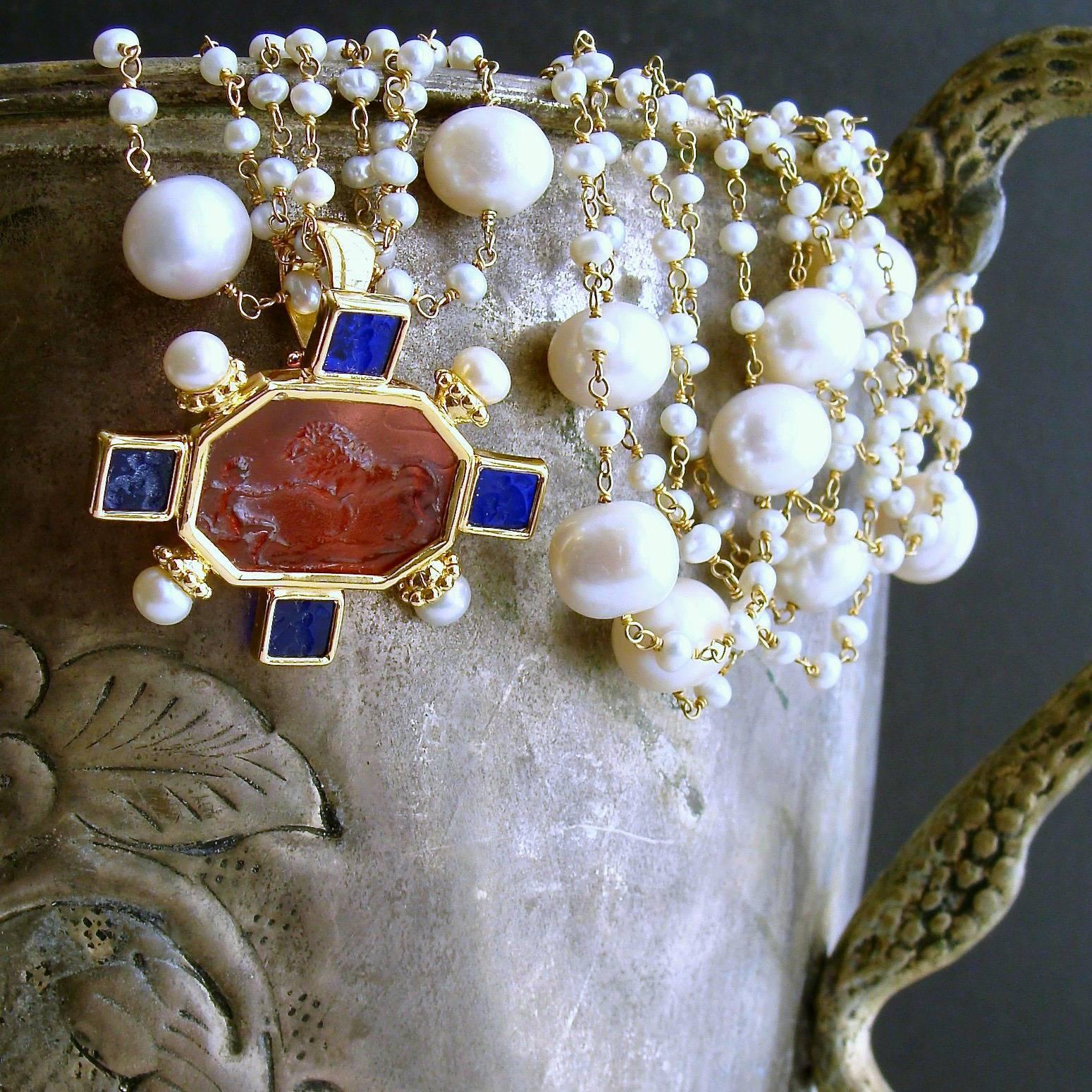 Freshwater Pearls Salmon Pink Cobalt Blue Venetian Glass Intaglio Cameo Necklace In New Condition In Colleyville, TX