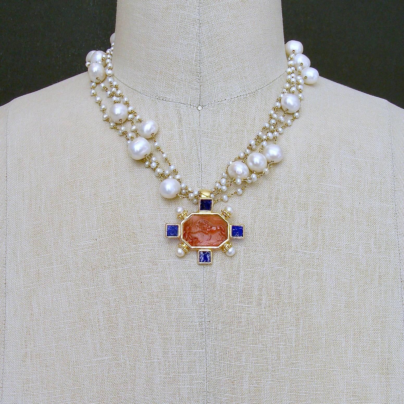 Women's Freshwater Pearls Salmon Pink Cobalt Blue Venetian Glass Intaglio Cameo Necklace