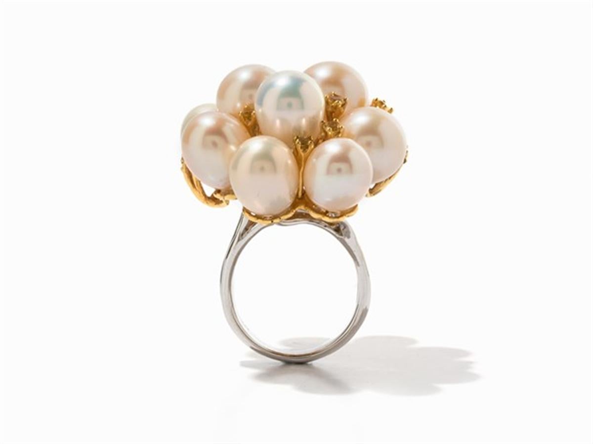 Freshwater Pearls, Sapphires and Tsavorites Ring, 750 Gold In New Condition For Sale In Bad Kissingen, DE