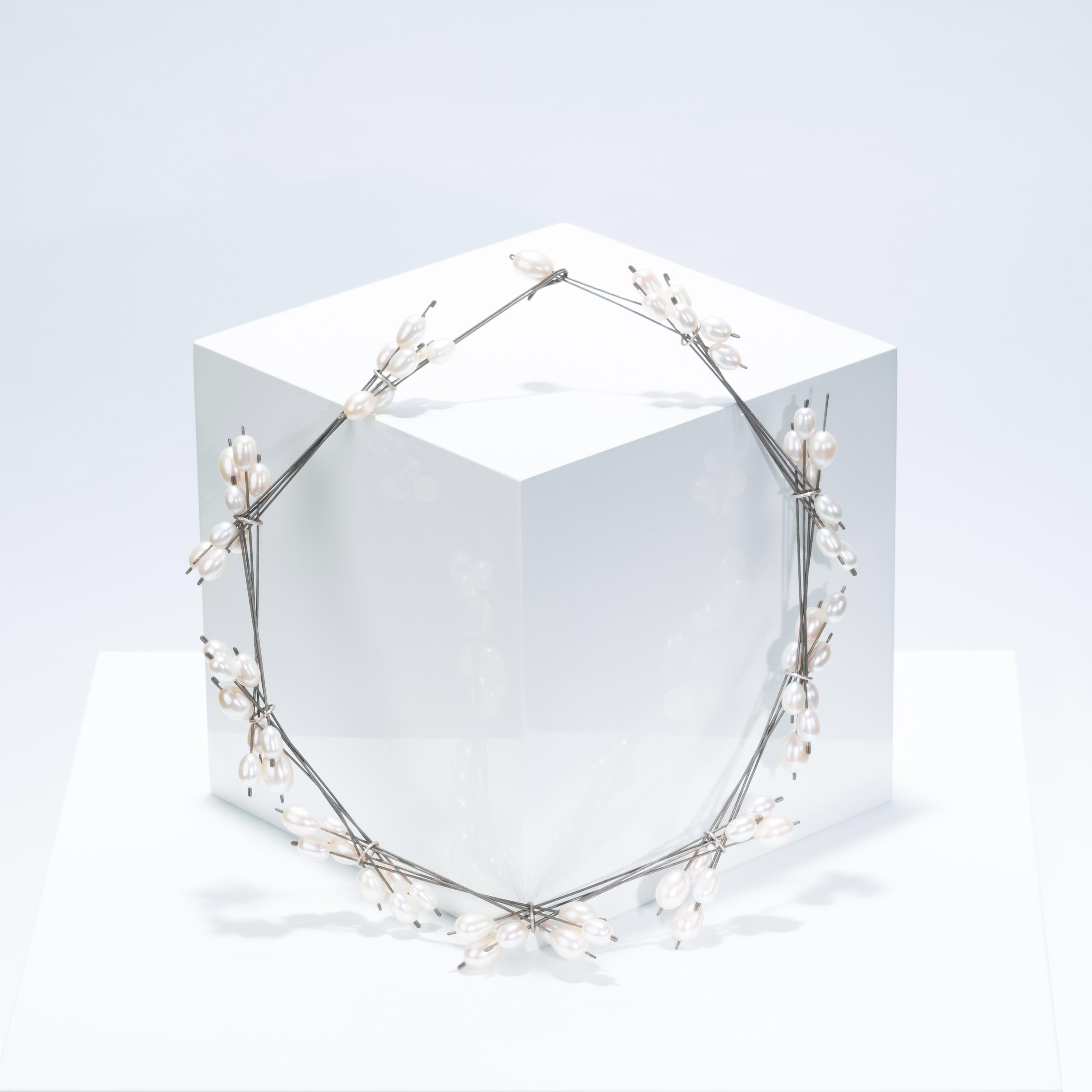 Contemporary Ambroise Degenève’s Unique Freshwater Pearls, Titanium, Silver Roseaux Necklace For Sale