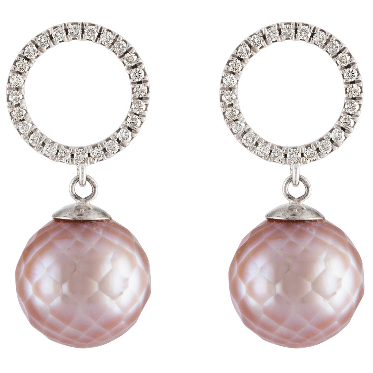 Freshwater Pink Round Faceted Pearl and Diamond 14 Karat Gold Dangle Earrings For Sale