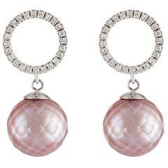 Freshwater Pink Round Faceted Pearl and Diamond 14 Karat Gold Dangle Earrings