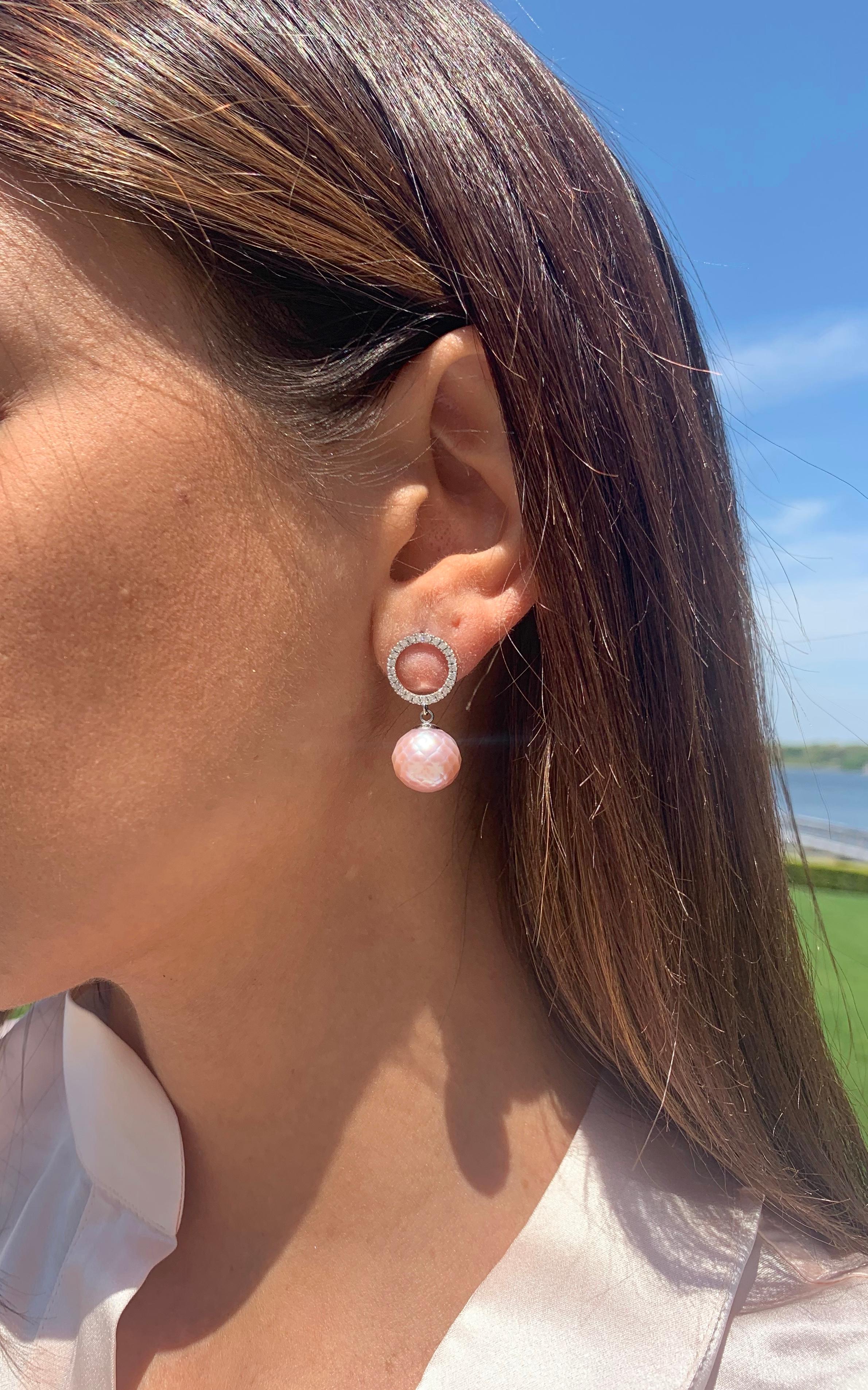 Round Cut Freshwater Pink Round Faceted Pearl and Diamond 14 Karat Gold Dangle Earrings For Sale