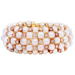 Freshwater Round Pearls 18 Karat Yellow Gold Diamond Wide Bracelet