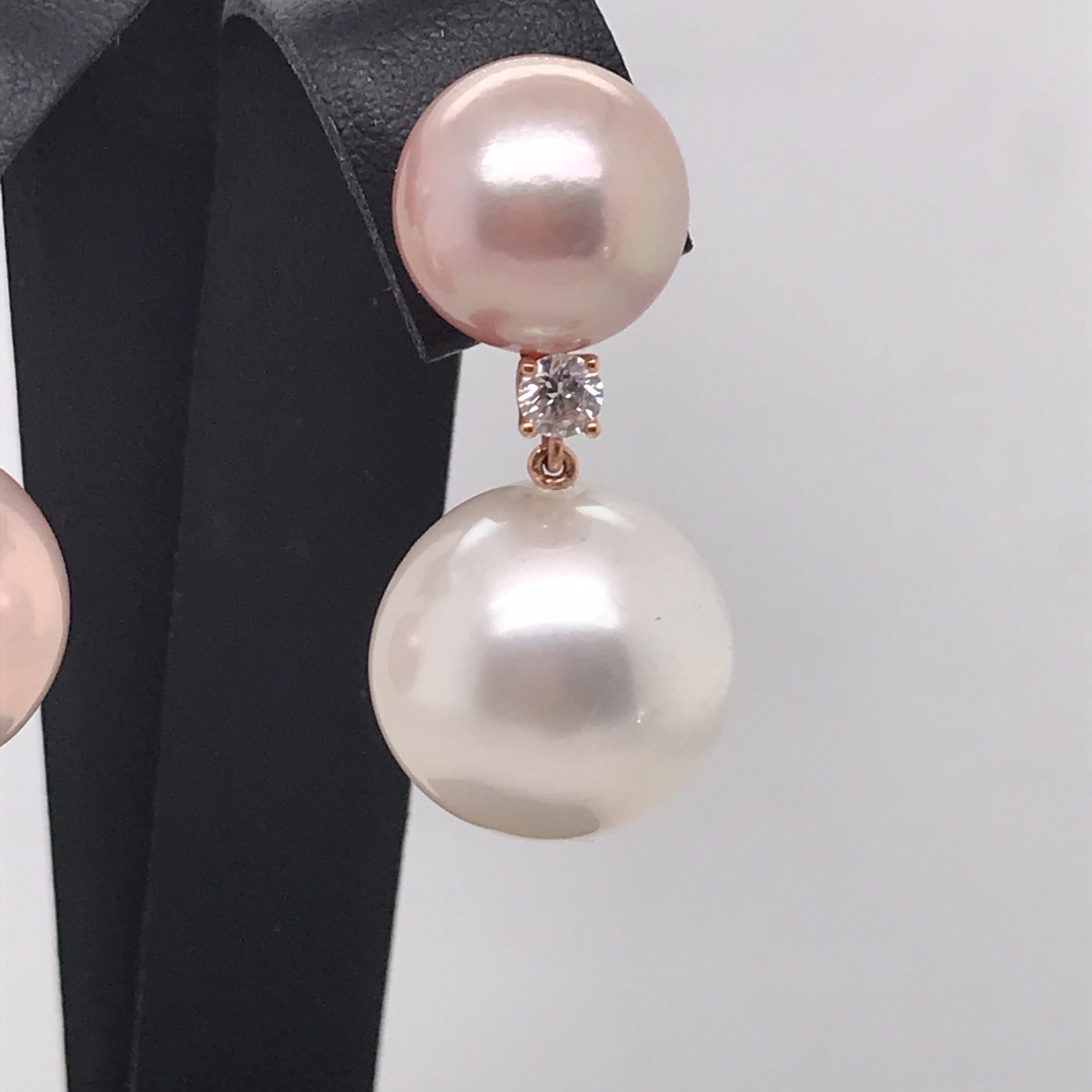 Freshwater South Sea Pearl Diamond Drop Earrings 0.25 Carat 18 Karat Rose Gold In New Condition For Sale In New York, NY