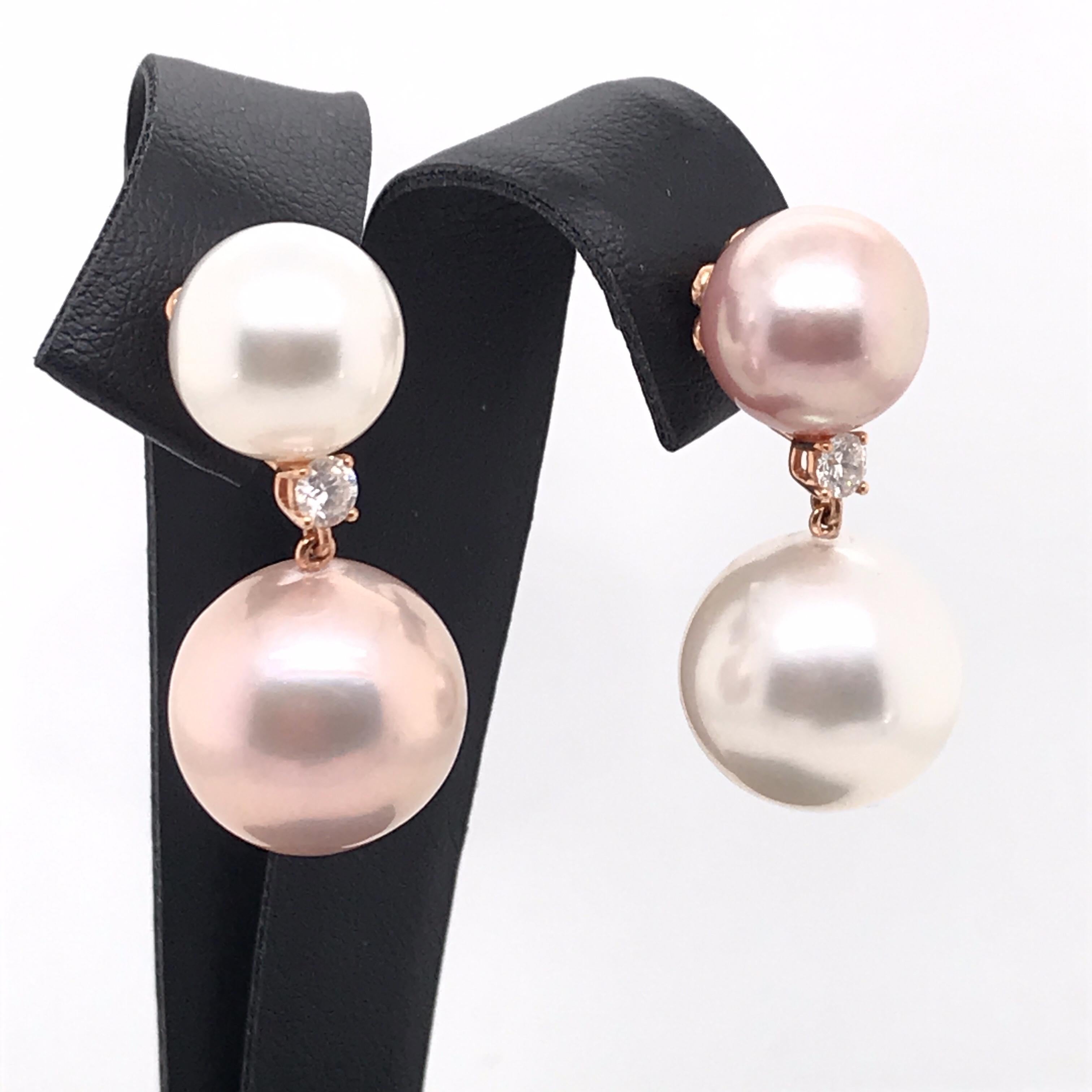 Women's Freshwater South Sea Pearl Diamond Drop Earrings 0.25 Carat 18 Karat Rose Gold For Sale