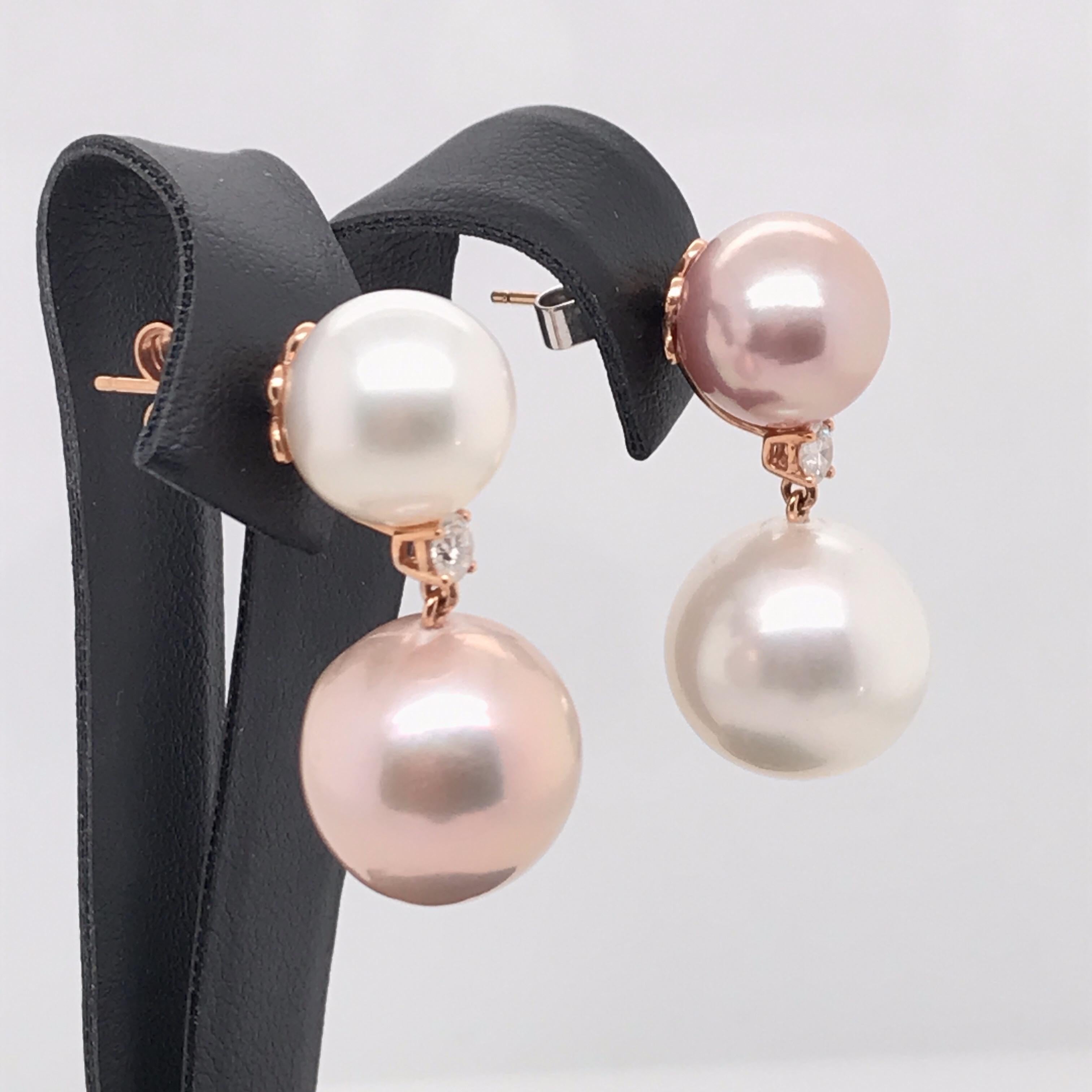 Freshwater South Sea Pearl Diamond Drop Earrings 0.25 Carat 18 Karat Rose Gold For Sale 2