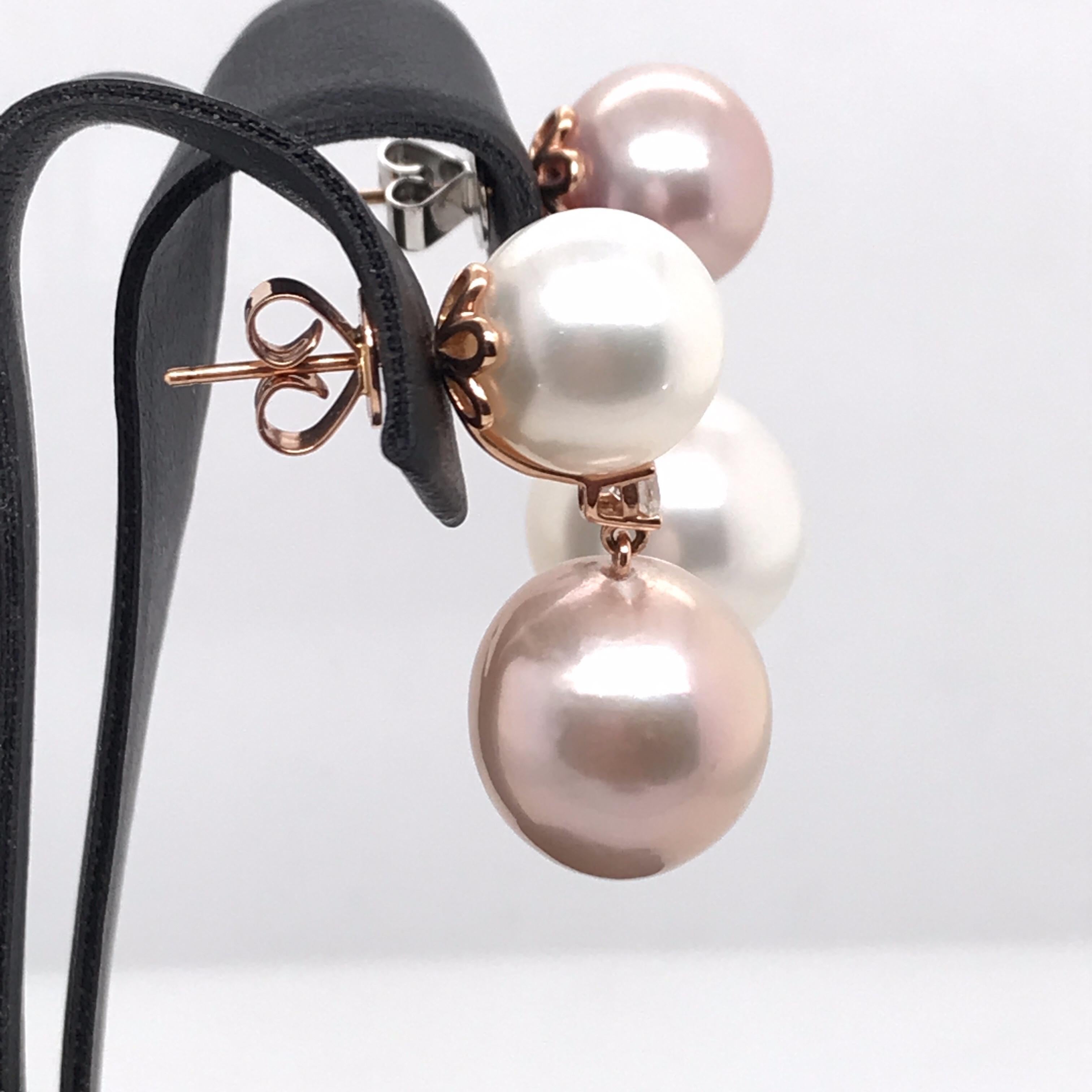 Freshwater South Sea Pearl Diamond Drop Earrings 0.25 Carat 18 Karat Rose Gold For Sale 3