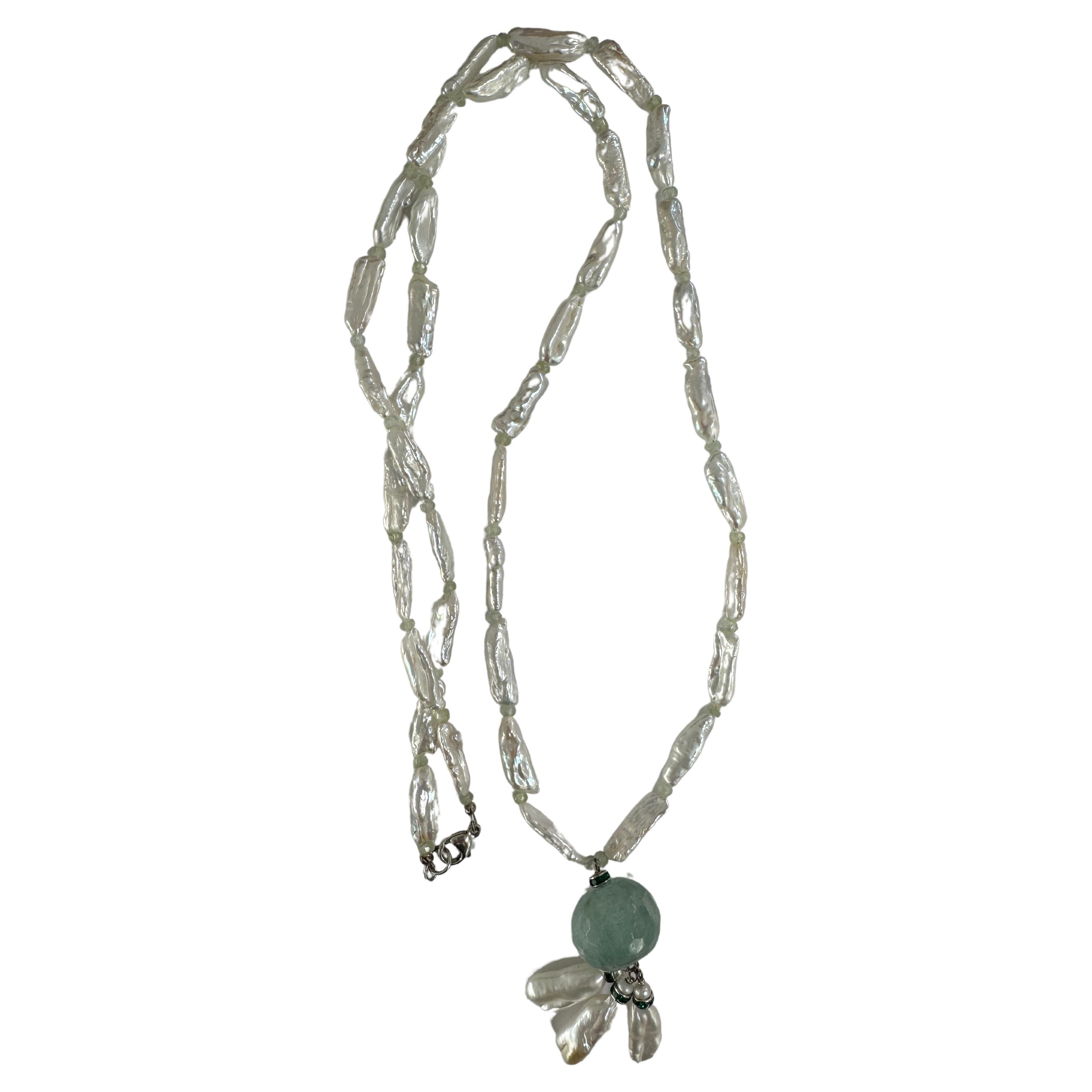 Artist Freshwater White Baroque Pearl Aquamarine Pendant Necklace For Sale