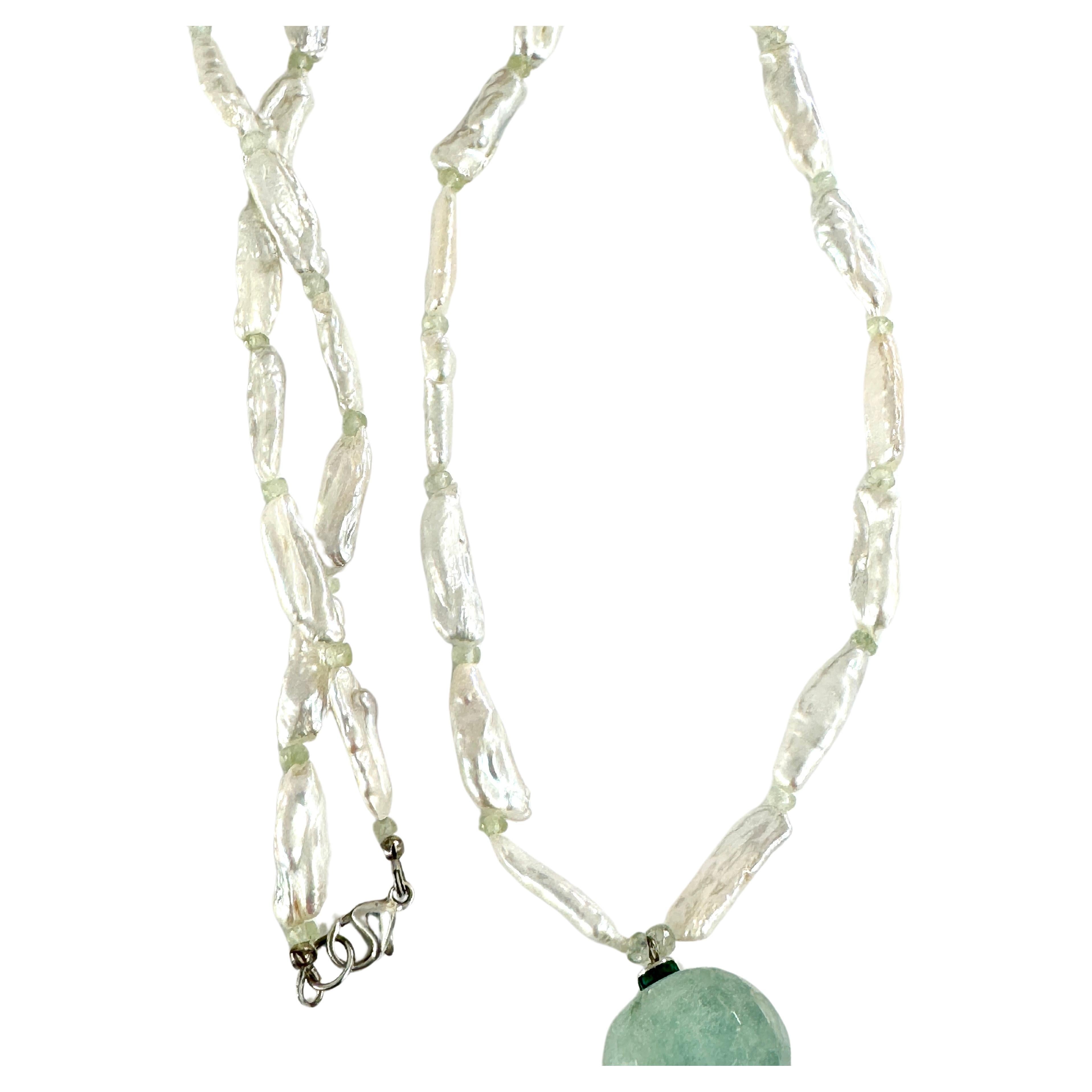 Round Cut Freshwater White Baroque Pearl Aquamarine Pendant Necklace For Sale