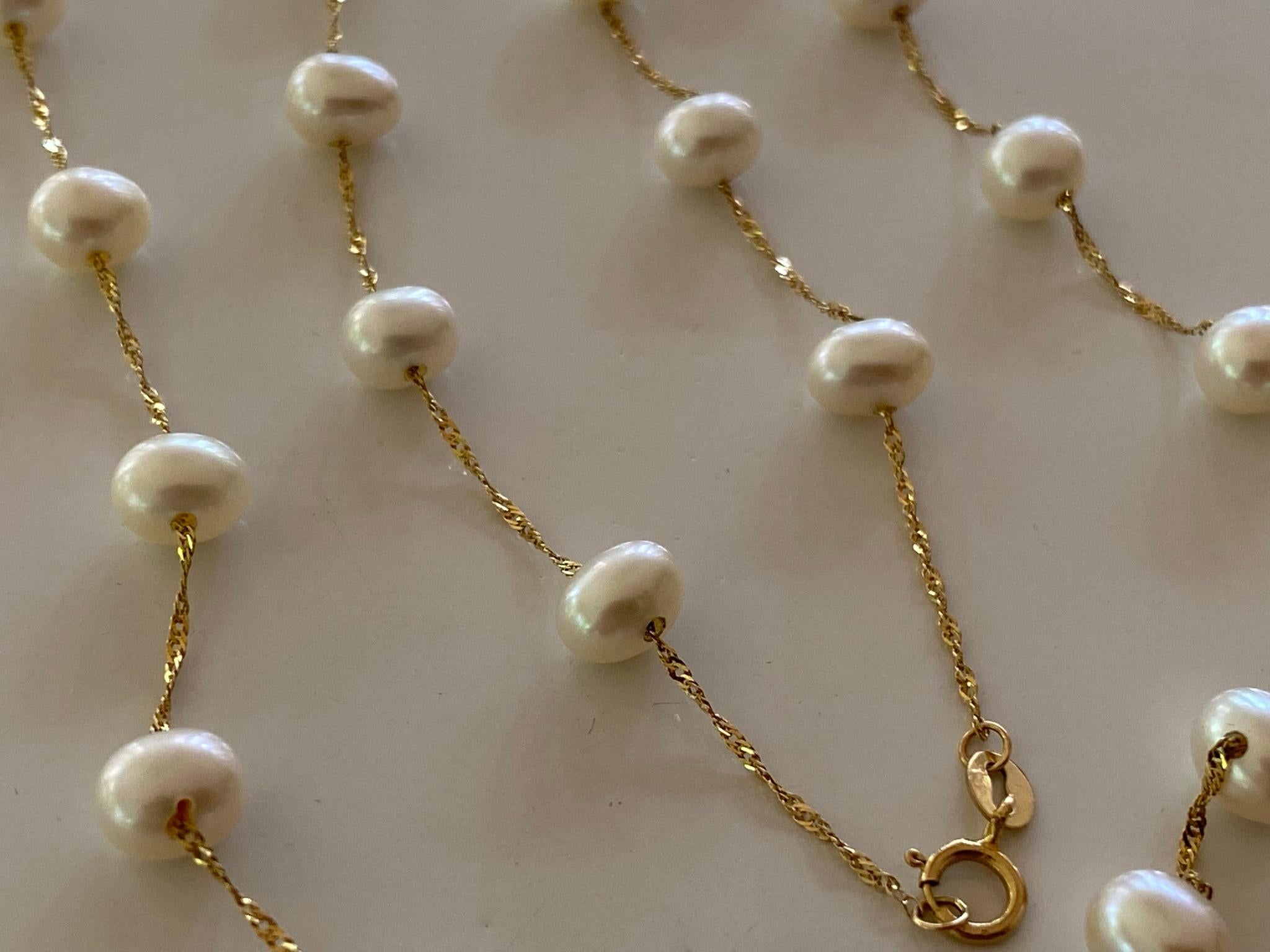 Freshwater White Pearl and 14kt Yellow Gold Necklace   For Sale 2