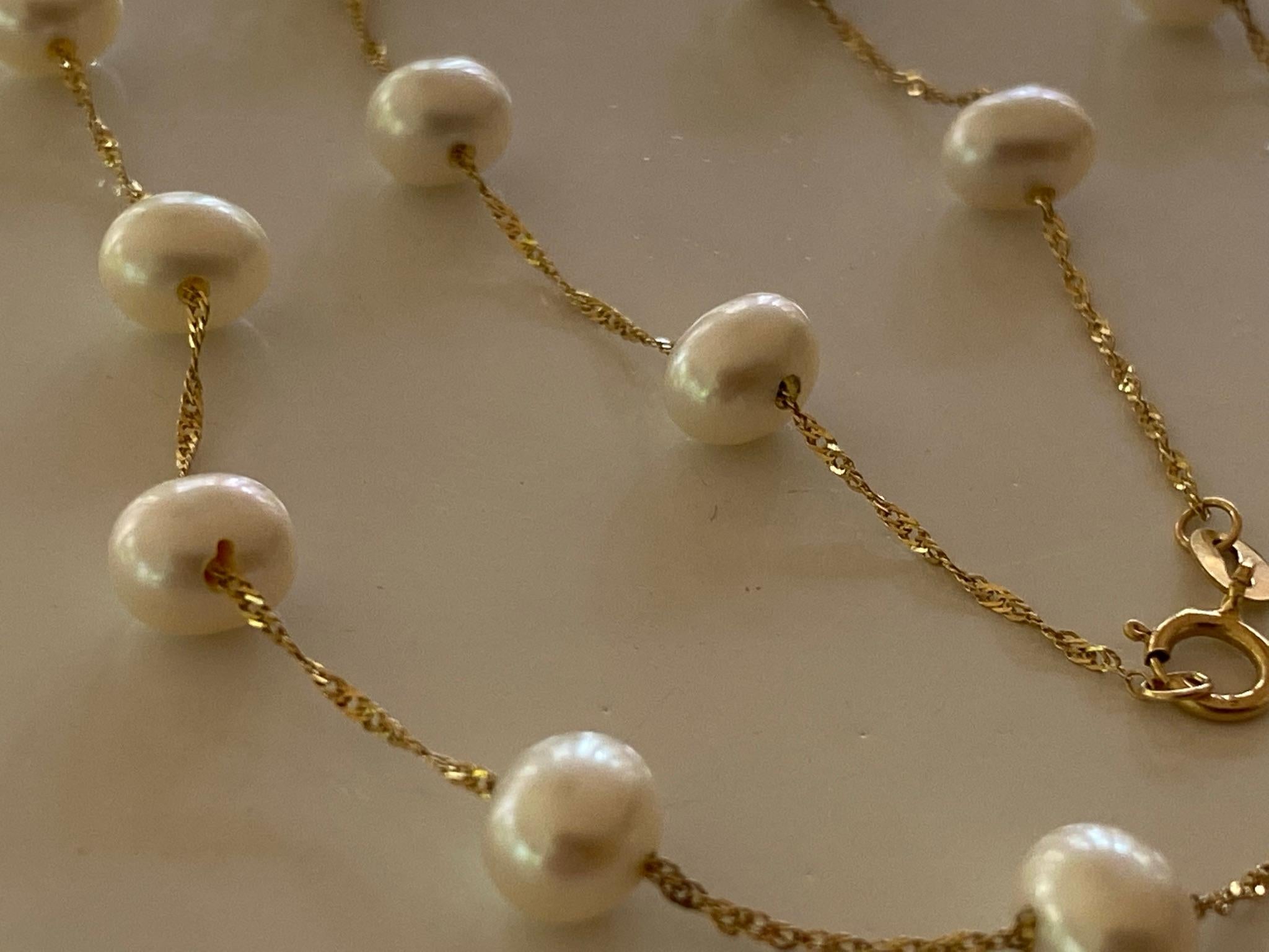 Freshwater White Pearl and 14kt Yellow Gold Necklace   For Sale 3