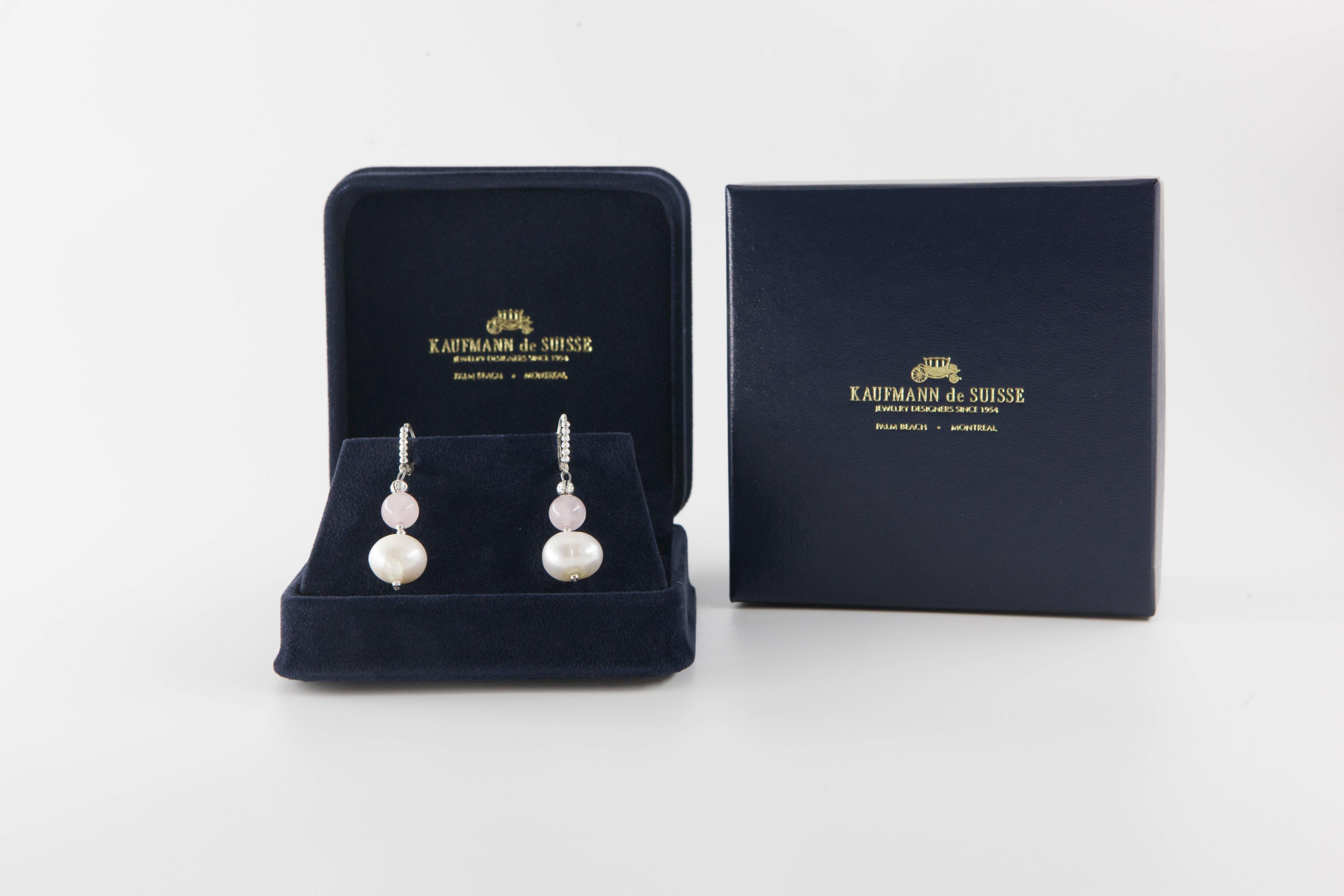 Freshwater White Pearl and Rose Quartz Dangle Earrings with Sterling Silver Diamond Cut Beads.