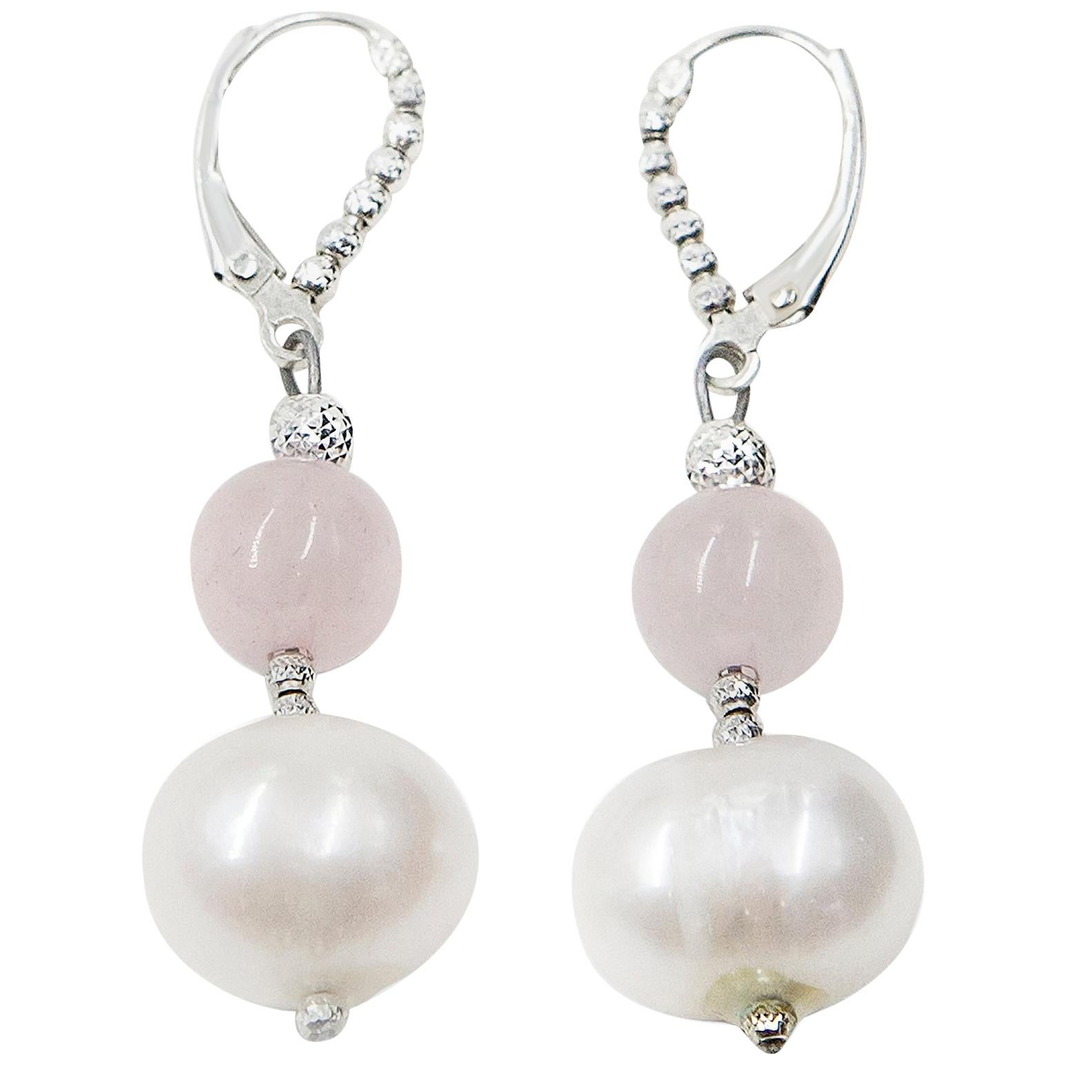 Freshwater White Pearl and Rose Quartz Dangle Earrings For Sale