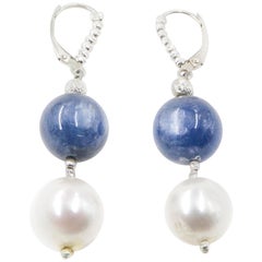 Freshwater White Pearl and Sodalite Bead Dangle Earrings