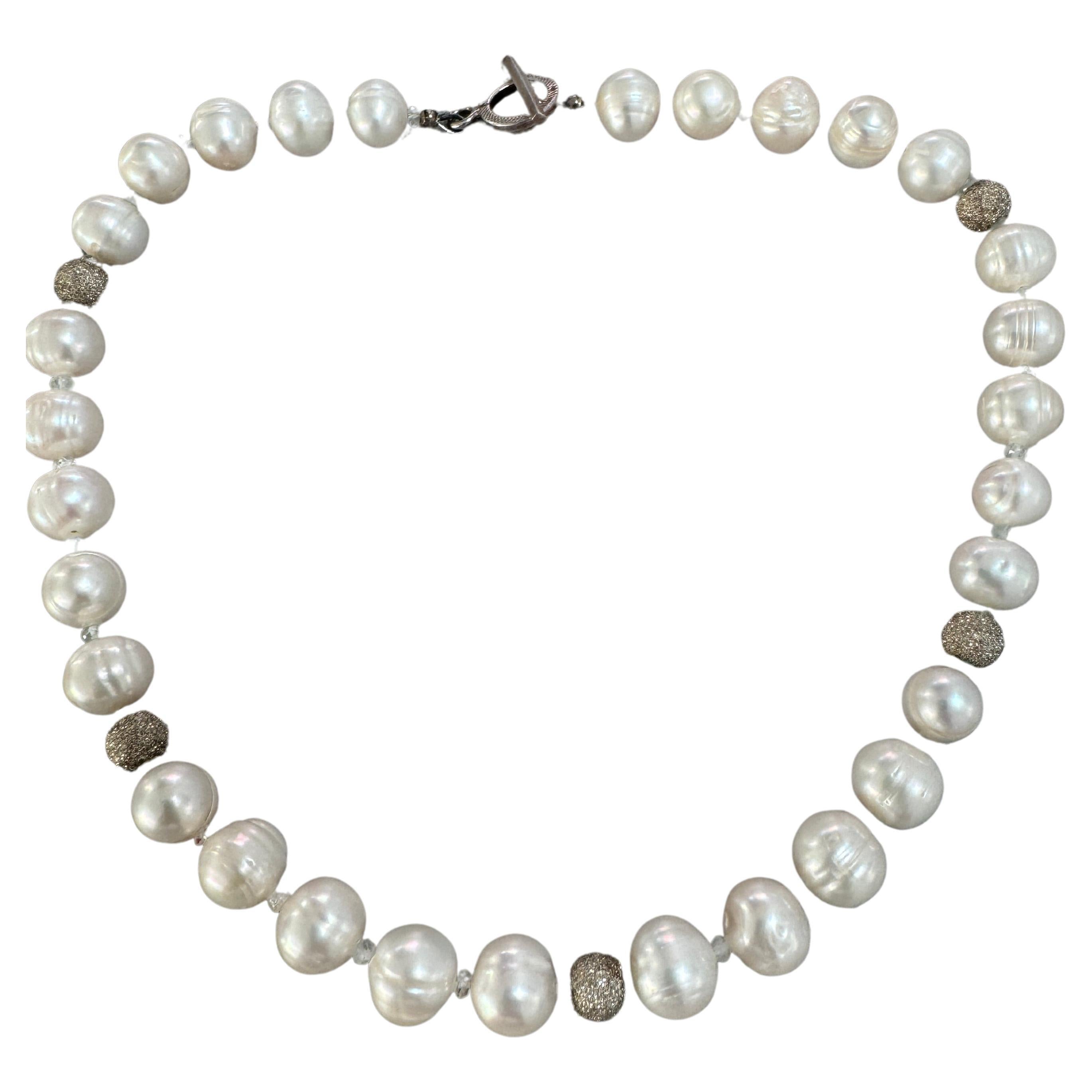 Artist Freshwater White Semi Round Pearl Sterling Silver Necklace For Sale